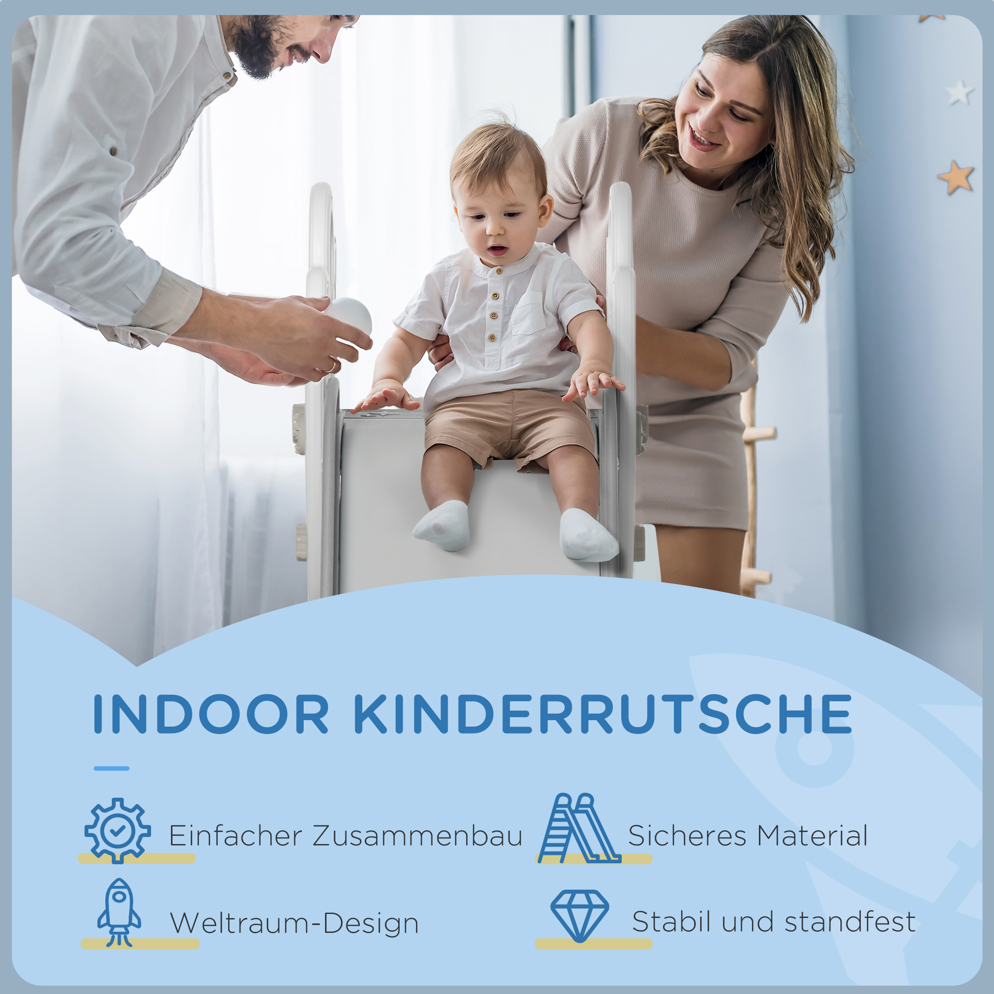 Rutsche für Kinder 1,5 bis 3 Jahre, Raketen-Design, Sticker-Set, grau, 157 x 46,5 x 80 cm