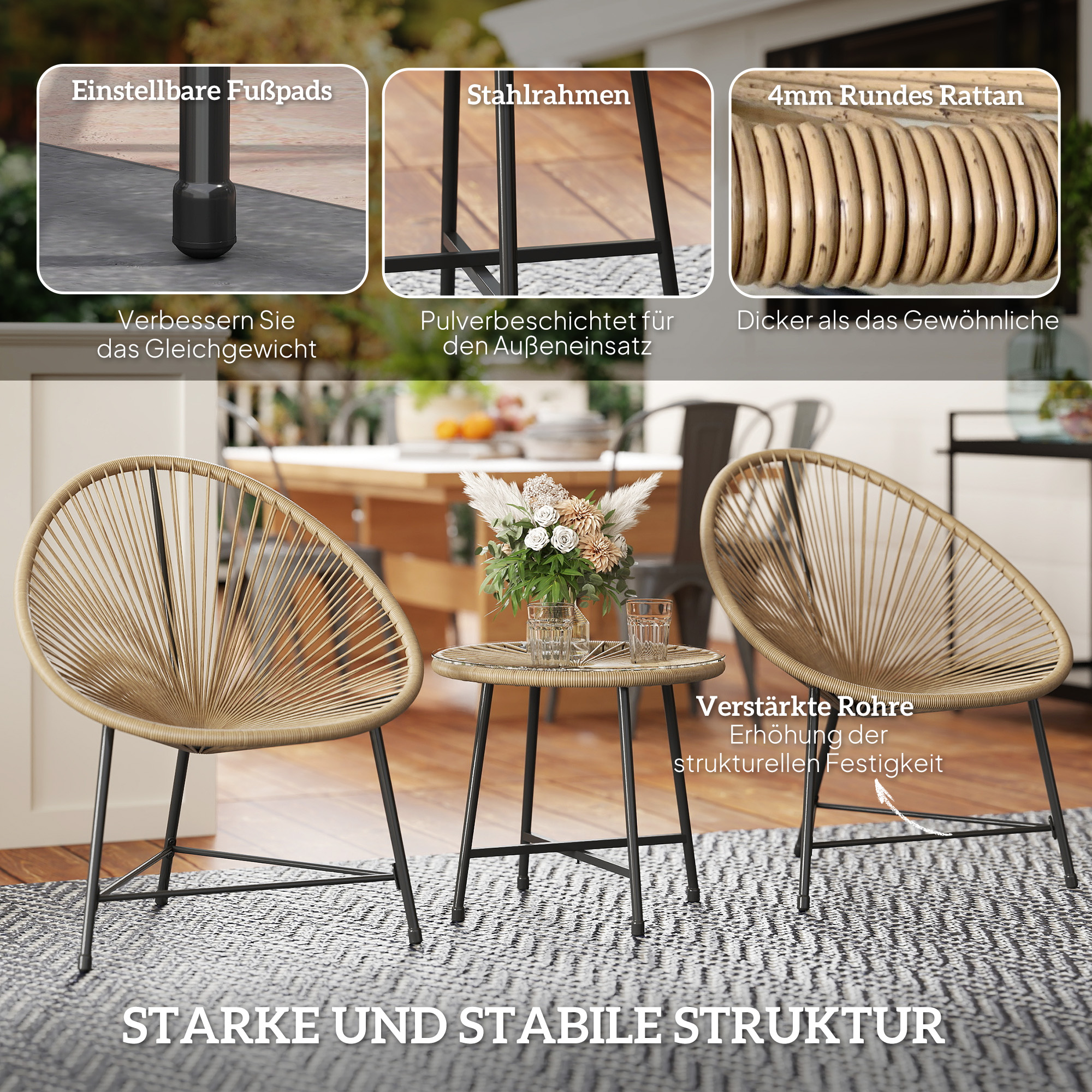 3-teiliges Gartenmöbel-Set, 2 Kunststoffrattan-Stühle, 1 Tisch mit Glasplatte, Stahlrahmen, Outdoor-Sitzmöbel, Hellbraun