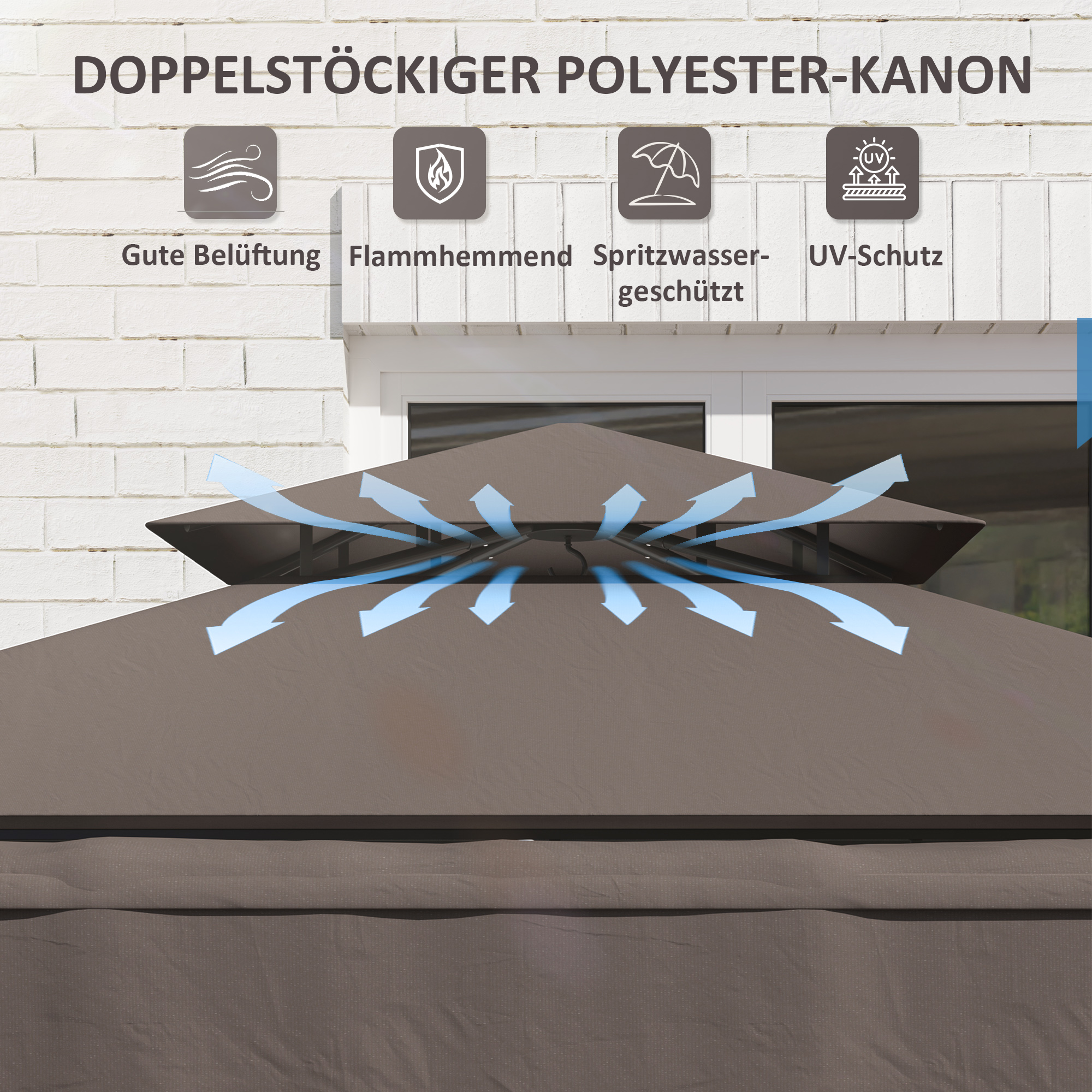 Grillpavillon 242x149x248 cm wasserabweisend flammhemmend Gartenpavillon mit Doppelschichtdach Kaffee