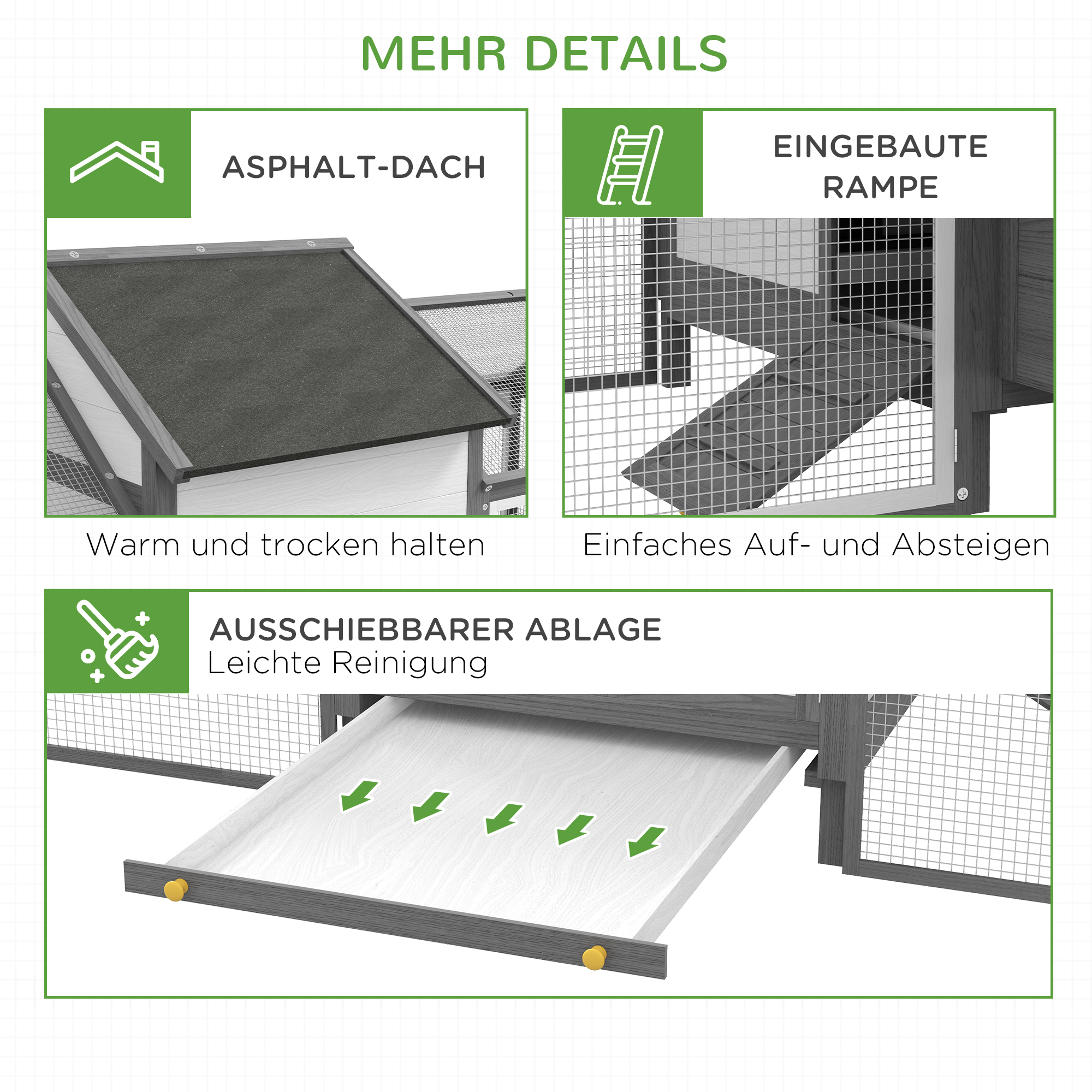 Hühnerstall Kleintierstall 2 Außengehege, 1 Nistkasten, 2 Rampen,Asphaltdach, wetterbeständig, Grau