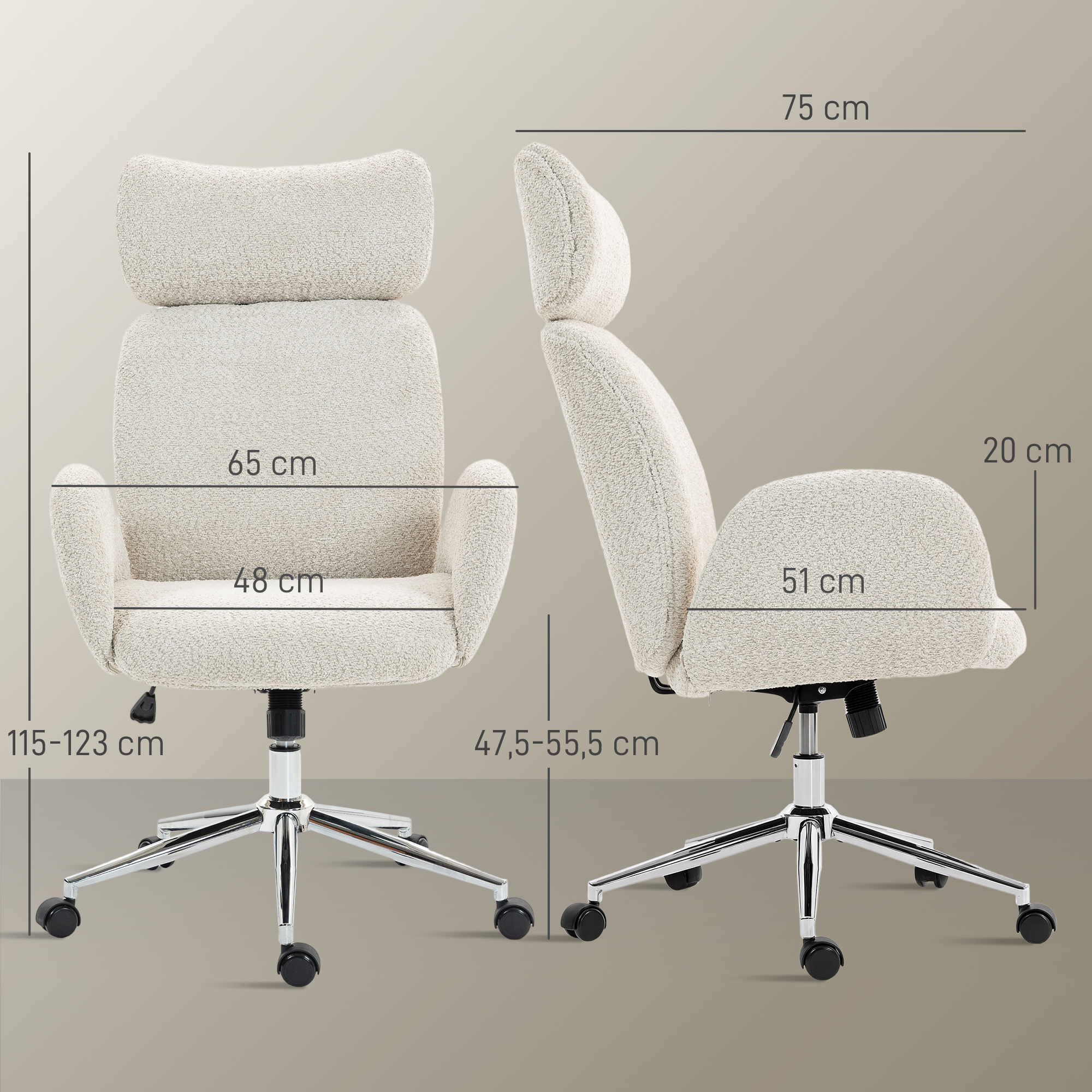 Bürostuhl mit verstellbarer Kopfstütze, ergonomischer Schreibtischstuhl, Kippfunktion, höhenverstellbar, Grauweiß