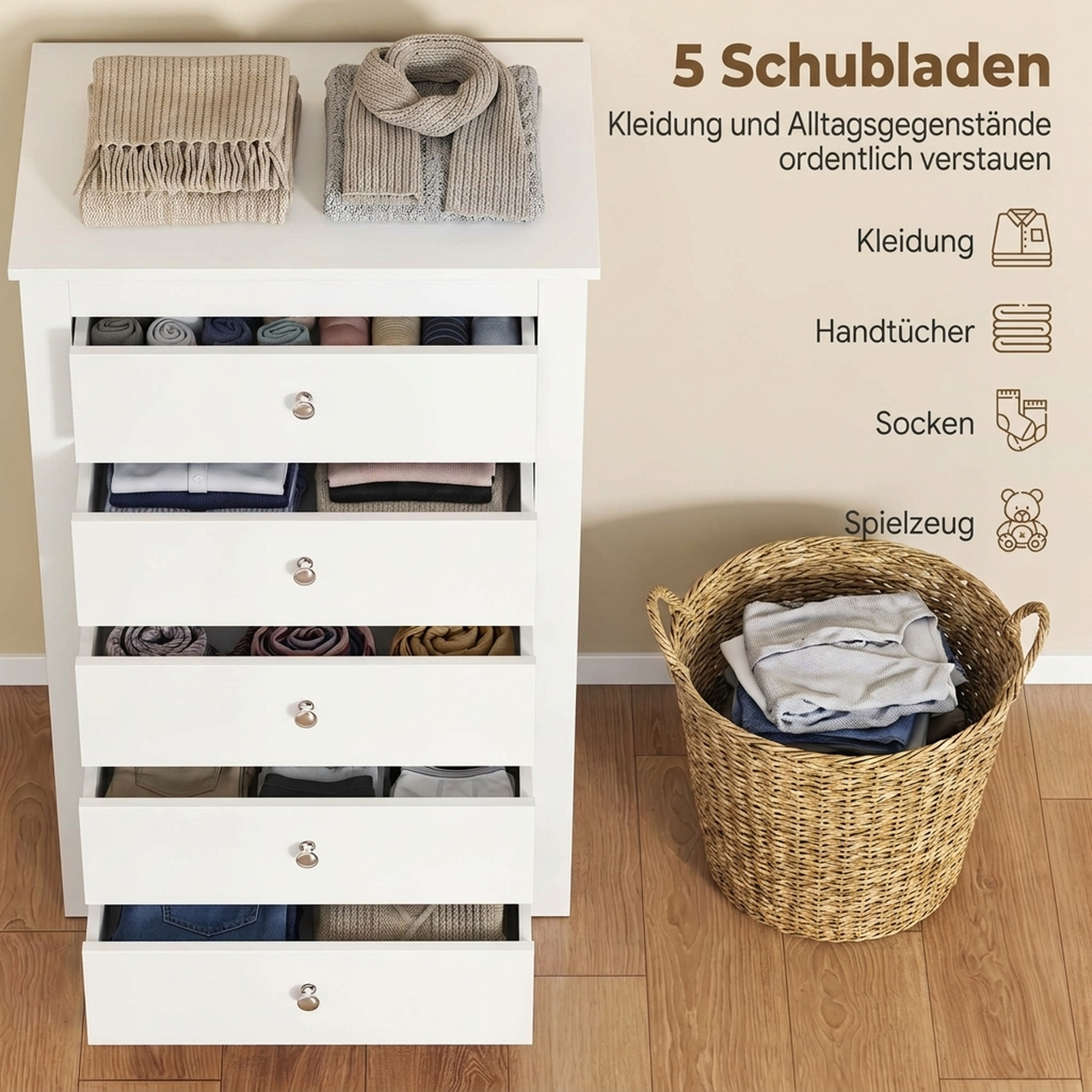 Kommode mit 5 Schubladen, Schrank mit leichtgängigen Schienen für Schlafzimmer, 60 x 39,5 x 95,3 cm, Weiß