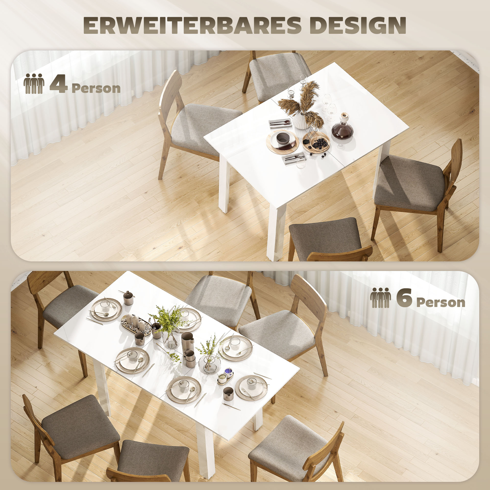 ausziehbarer Esstisch, 120-160 x 70 cm, verstellbarer Küchentisch für 4-6 Personen, MDF, Hochglanzweiß