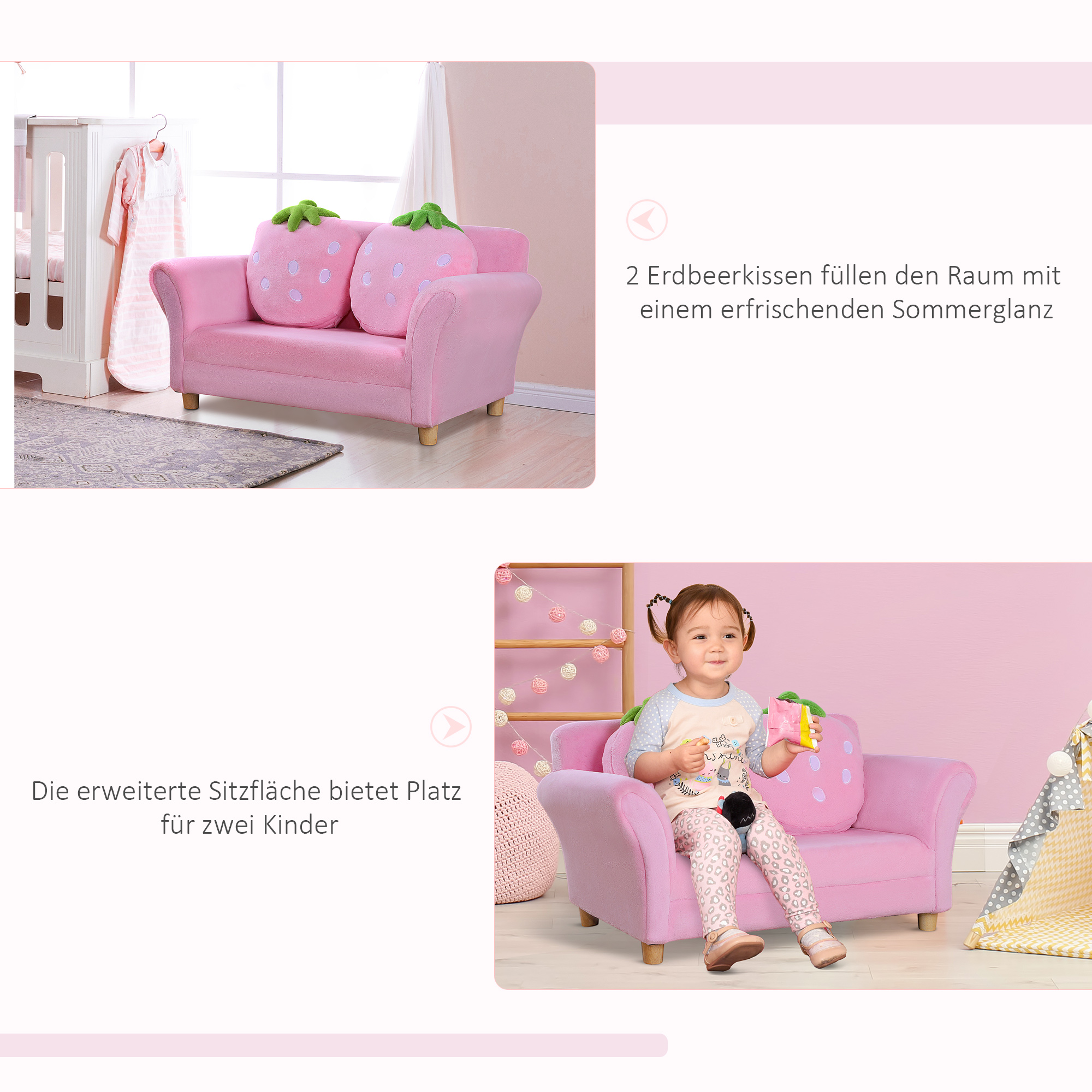 Kindersessel Kindersofa mit Korallenvlies-Optik, massiven Holzfüßen Sessel aus Schaumstoff Kinderstuhl für Kinderzimmer, Spielzimmer, 90 x 53 x 48cm, Rosa