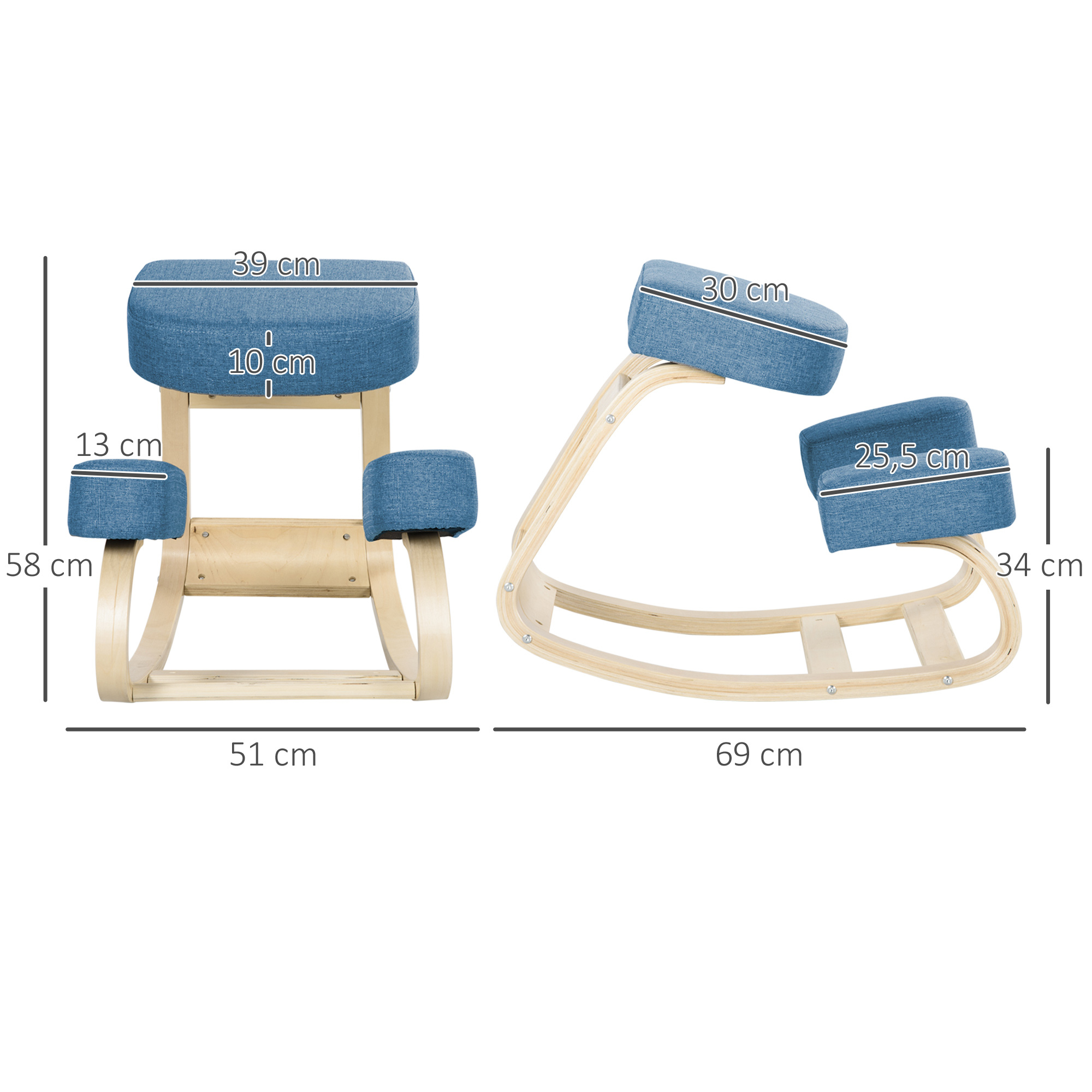 Kniestuhl, ergonomischer Sitzhocker, Polsterhocker für gesunde Sitzhaltung, Birkenholz, 120 kg belastbar, Blau