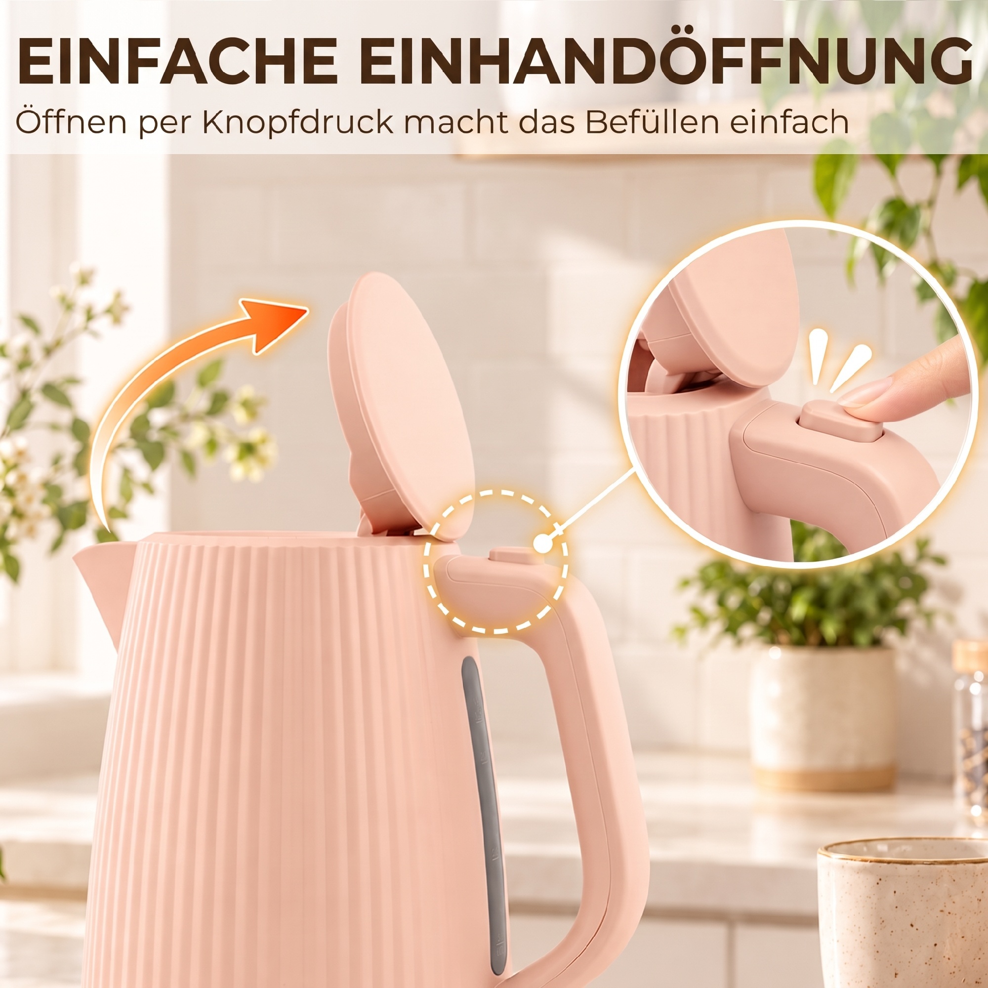 elektrischer Wasserkocher, 1,7L, Schnellkochfunktion, 2200W, mit herausnehmbarem Kalkfilter, Abschaltautomatik, Rosa