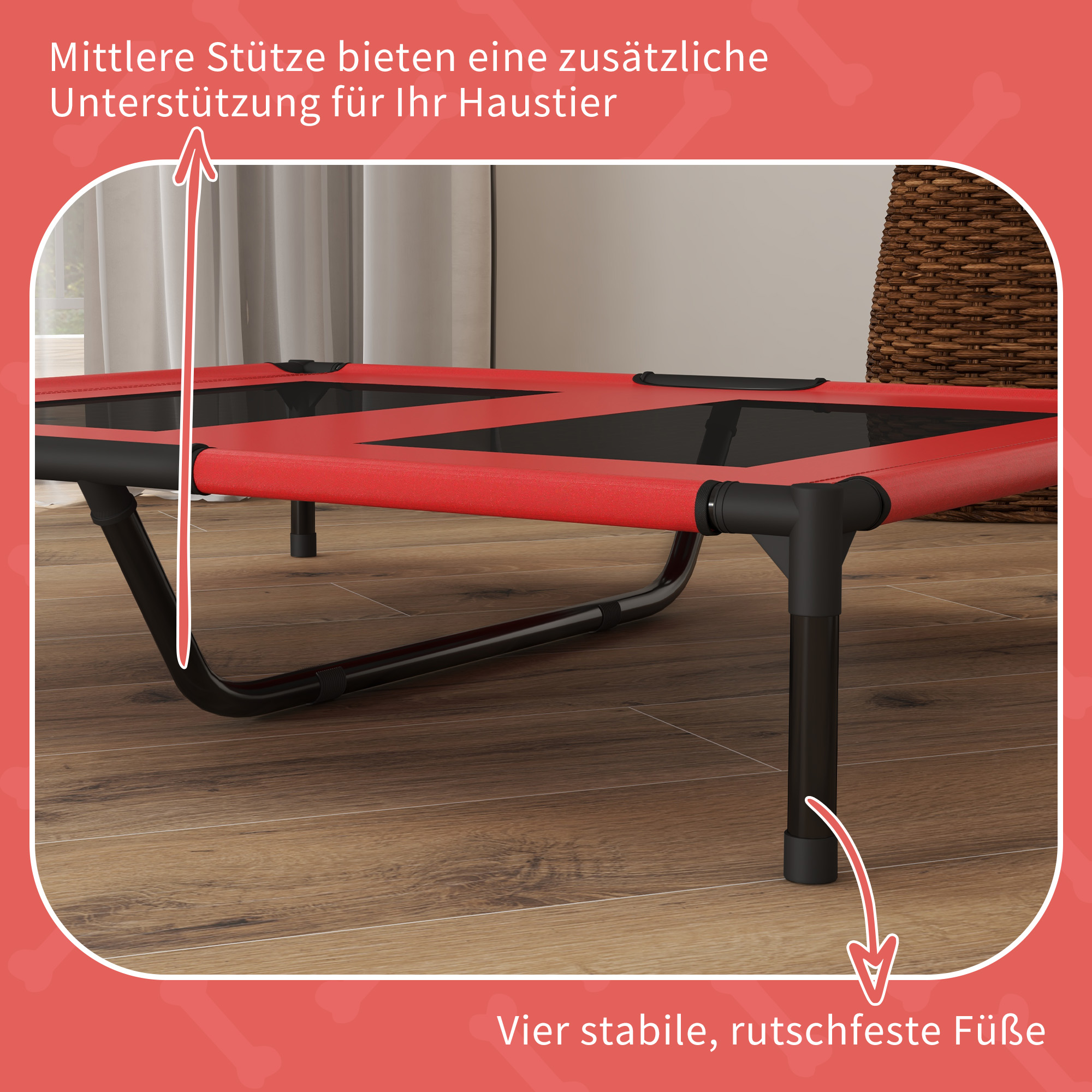 Hundebett, Hundeliege, robust, erhöht & wetterfest, bis 50 kg, 92x76x18cm, Rot