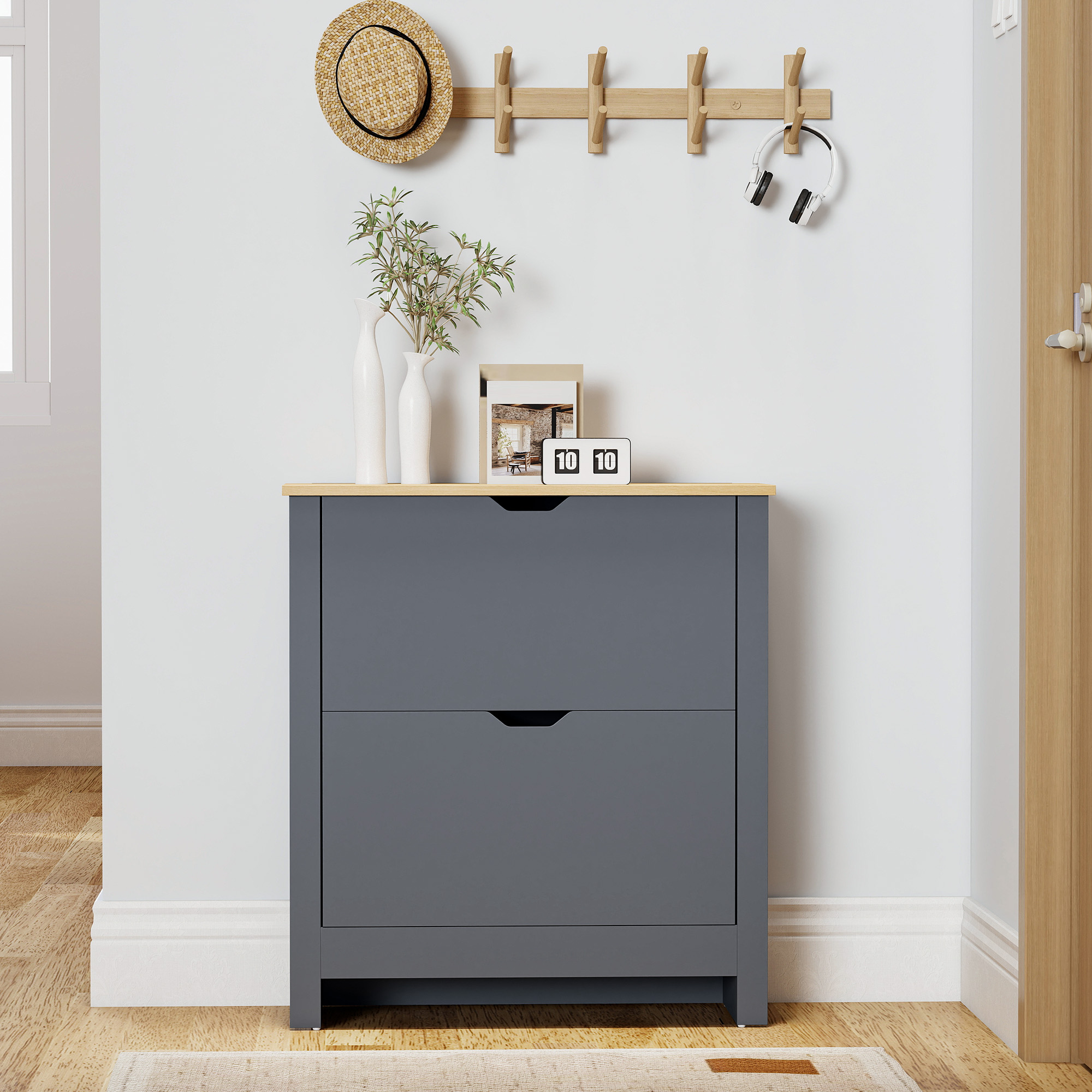 Schuhschrank mit 2 Klappfächern, verstellbar Trennwand für 8-12 Paar Schuhe, 72 x 26 x 80 cm, Dunkelgrau