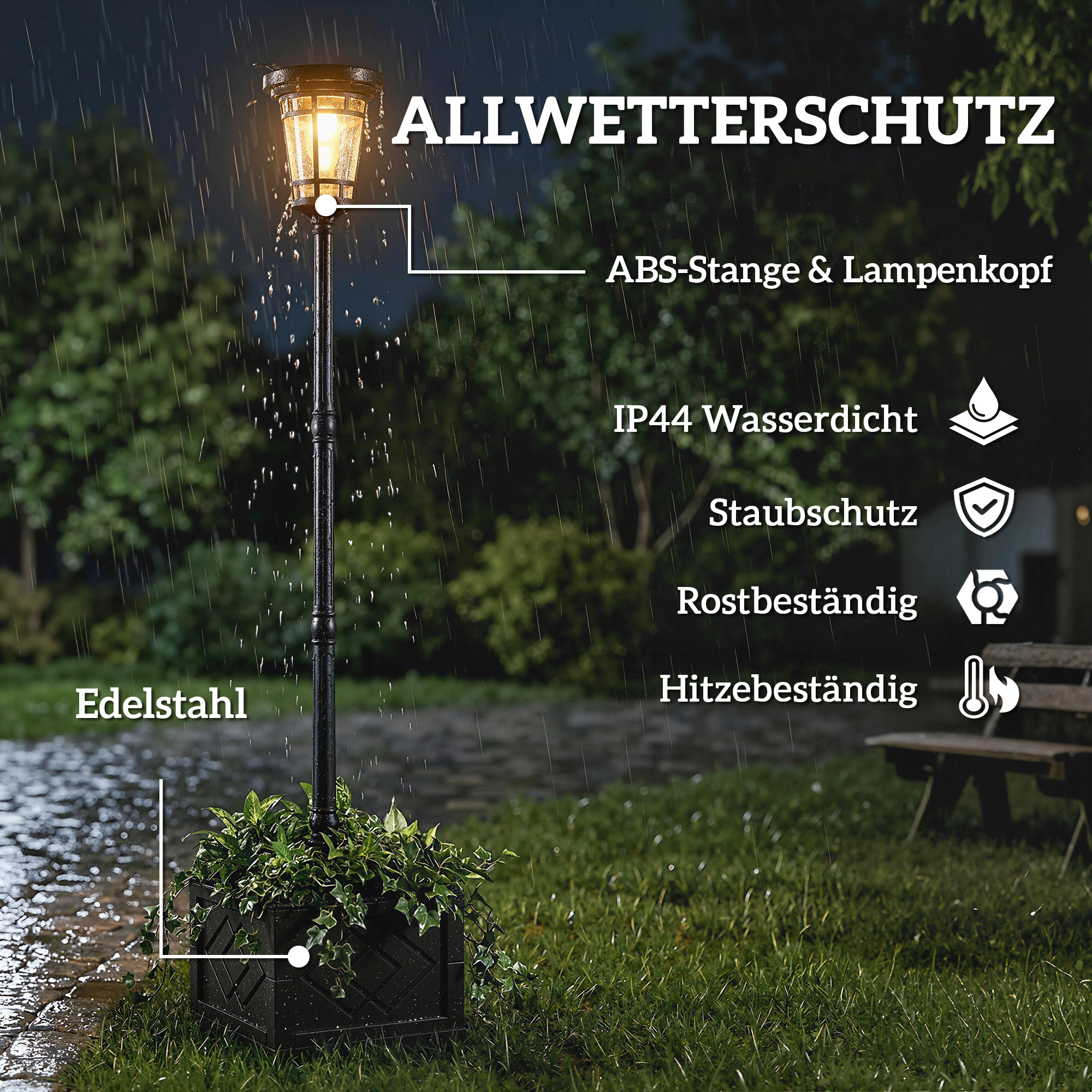Solar Laterne Stehleuchte mit Blumentopf 195cm Außen Gartenlaterne mit 2 Helligkeitsstufen Lichtsteuerung Schalter IP44