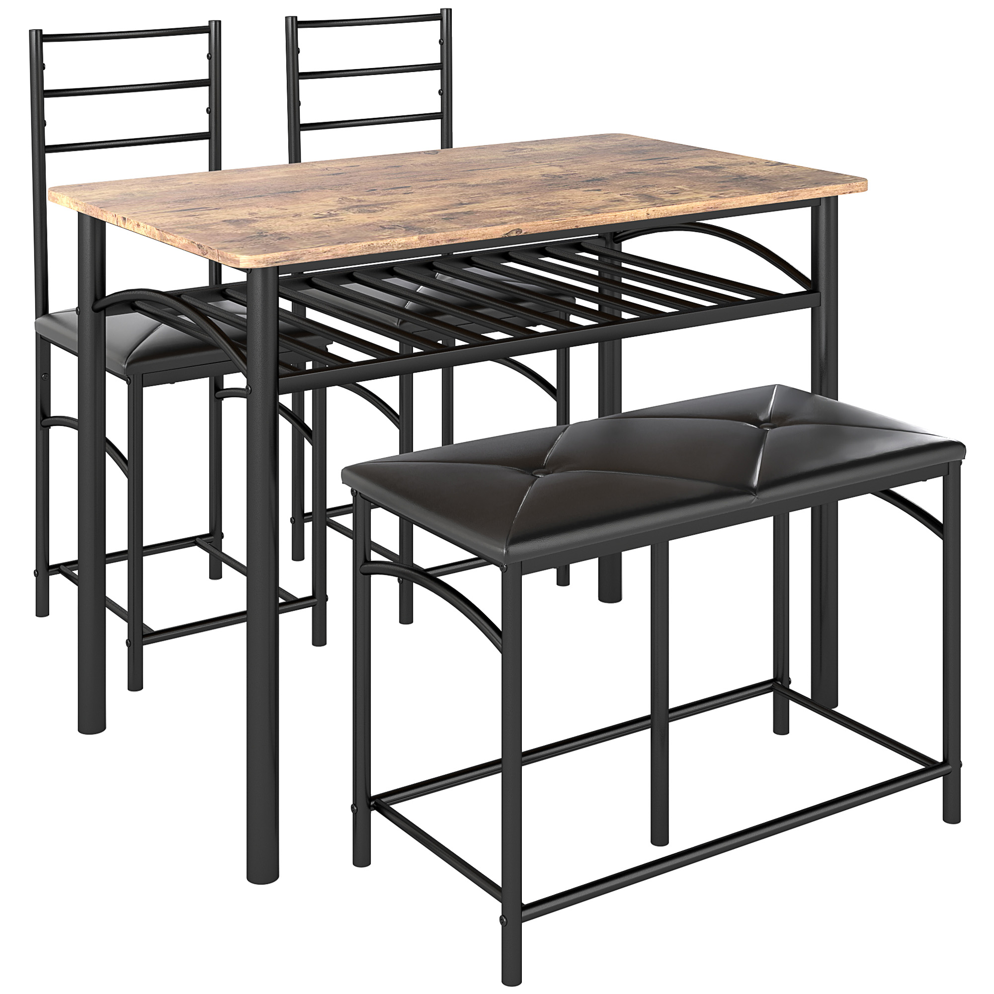 4-teiliges Esszimmer-Set, Platzsparendes Set aus Tisch, 2 Stühlen und Bank, für kleine Räume, Metall, Holz, Braun