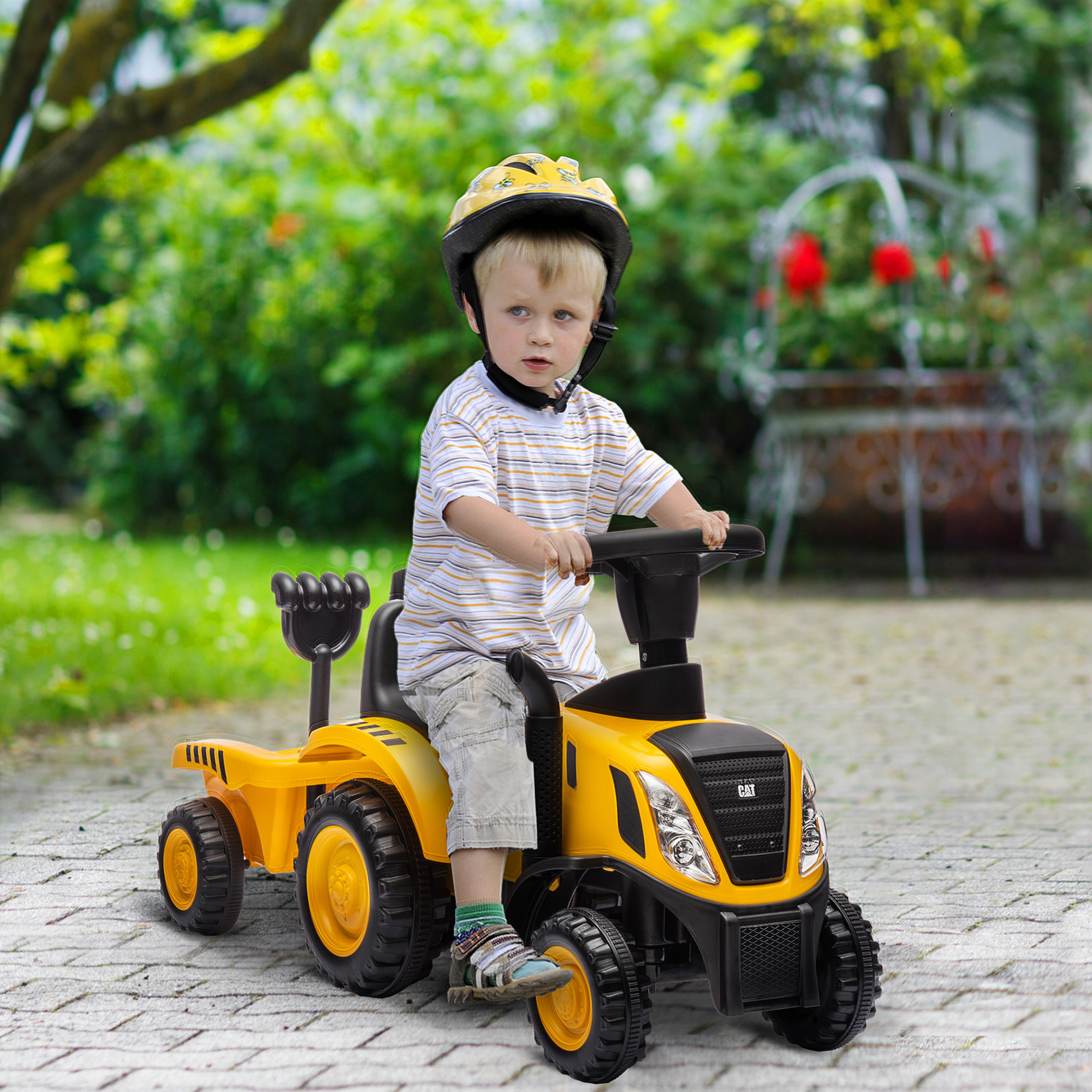 Sitzbagger Aufsitzbagger mit Schaufel Lenkrad Kinderbagger mit abnehmbarem Anhänger Licht Musik für 1-3 Jahre Gelb