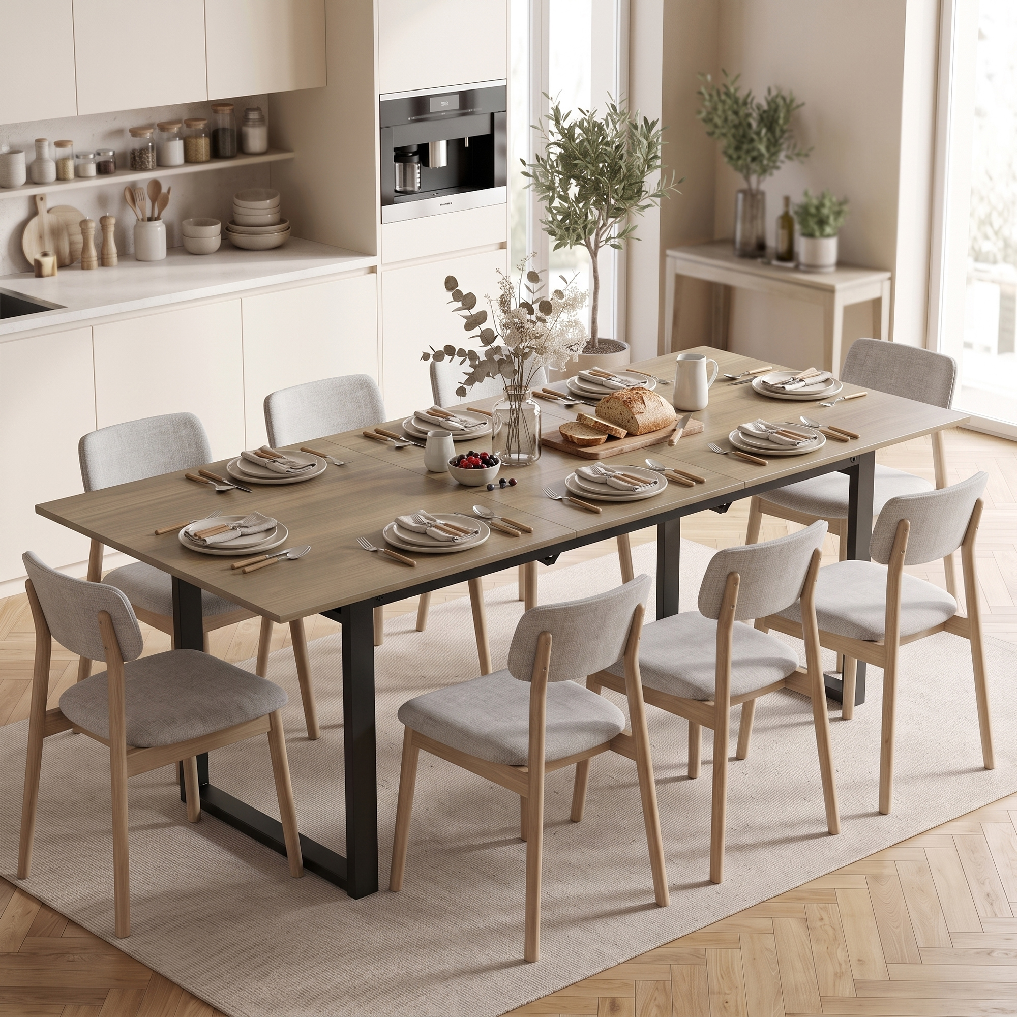 ausziehbarer Esstisch 140-180 cm für 6-8 Personen, rechteckig im Industrial-Design mit Stahlgestell, Braun
