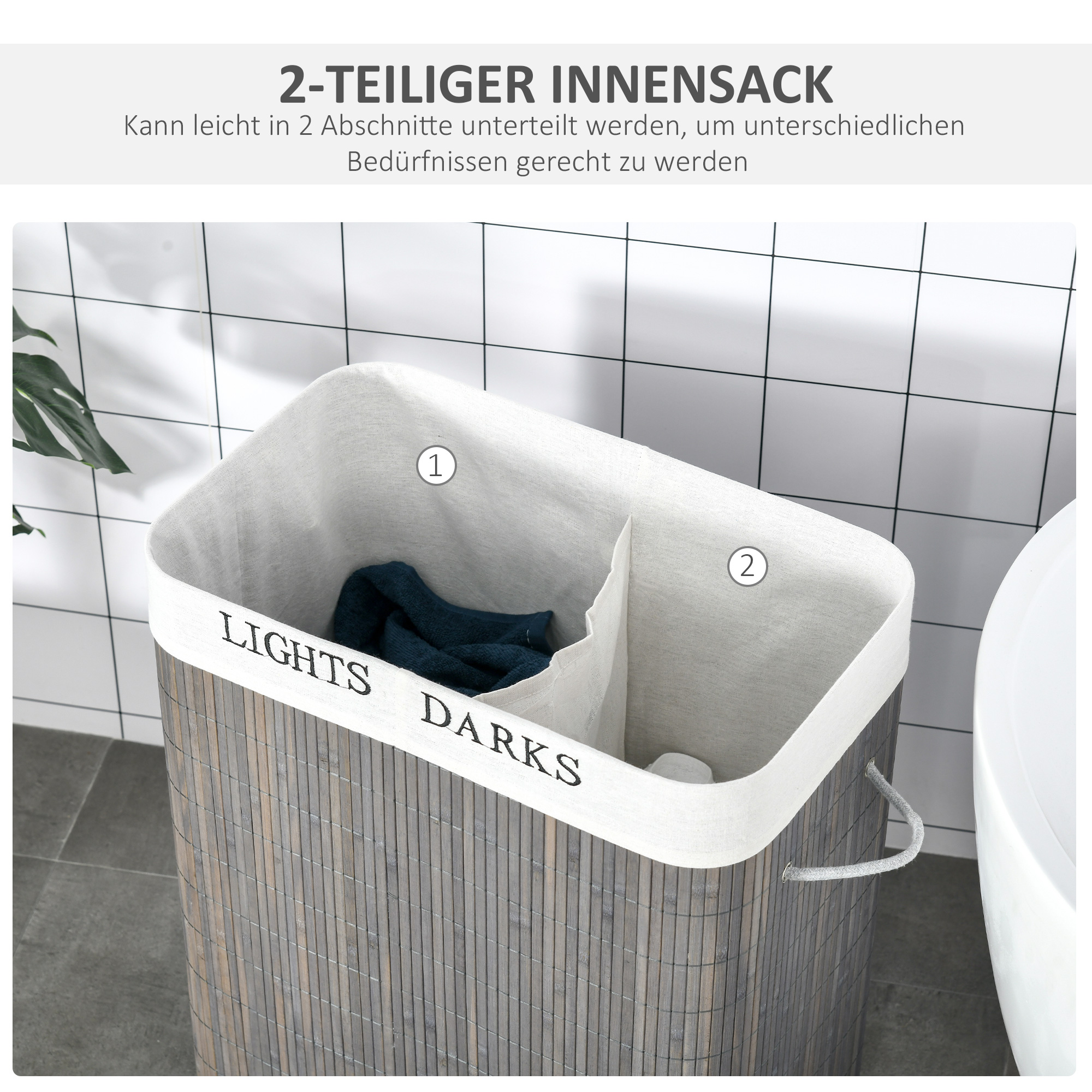 100L Wäschekorb mit 3 Griffen, mit waschbarem Wäschesack, Bambus, Polyester, Baumwolle, Metall, 52 x 32 x 63 cm, Grau