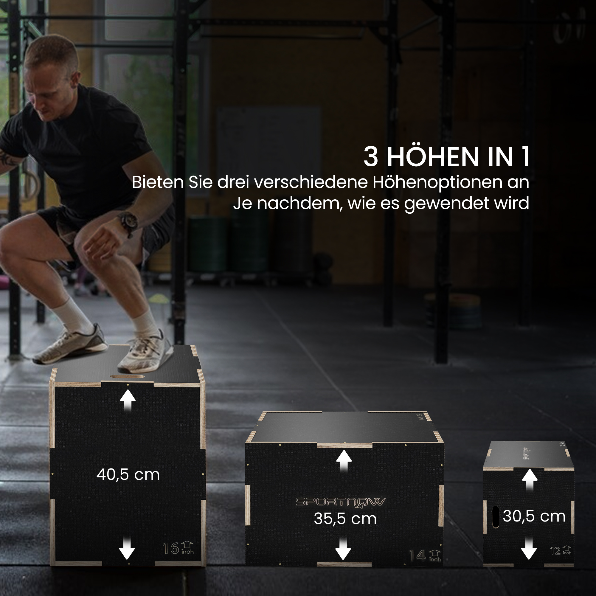 Plyo-Box/Sprungbox, robust, 40,5 x 35,5 x 30,5 cm, Schwarz, Griff 10x3,5 cm, bis 120 kg