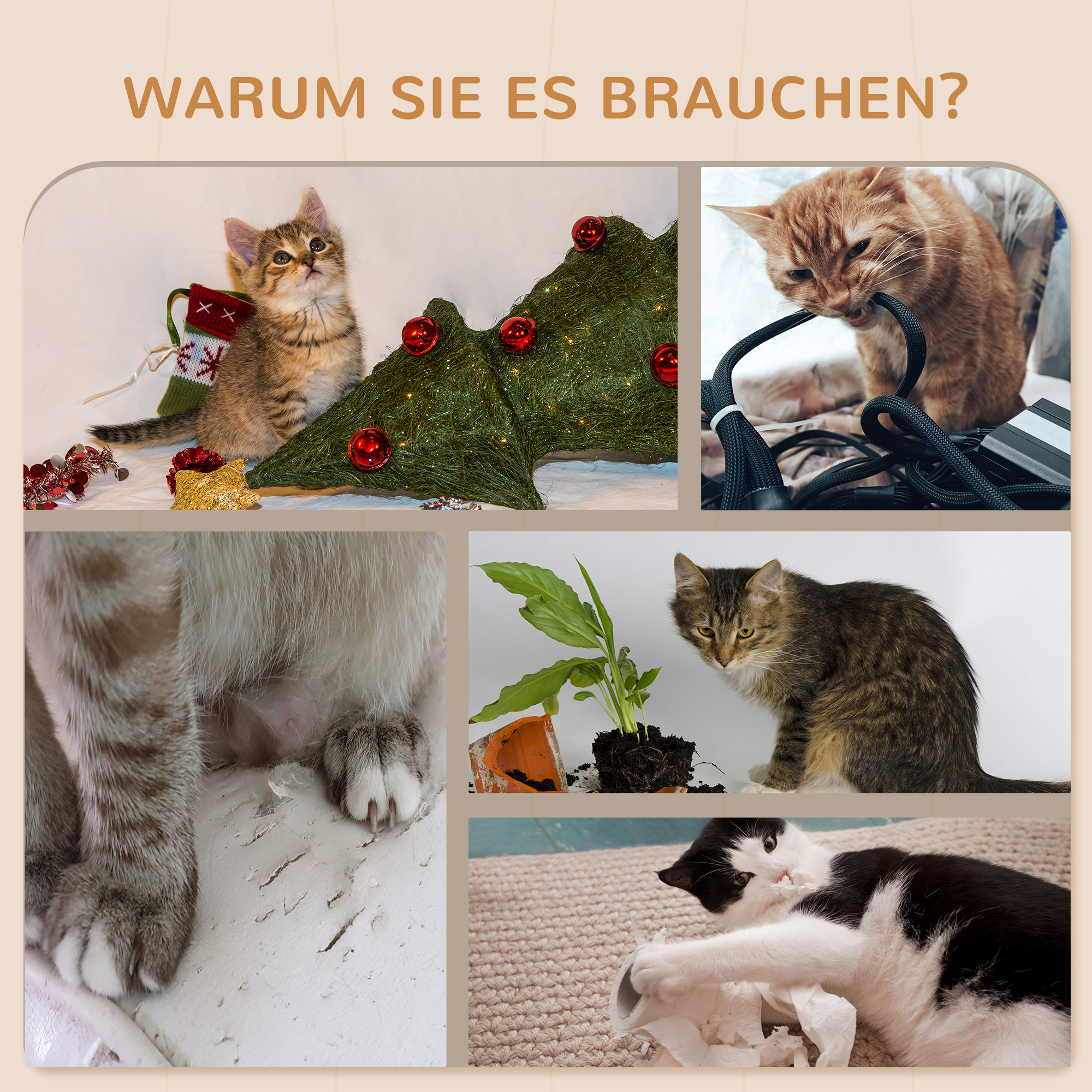 Katzen Kletterwand Set mit Kratzpfosten, Sprungplattformen und Spielbällen, zum Klettern und Ausruhen, Beige
