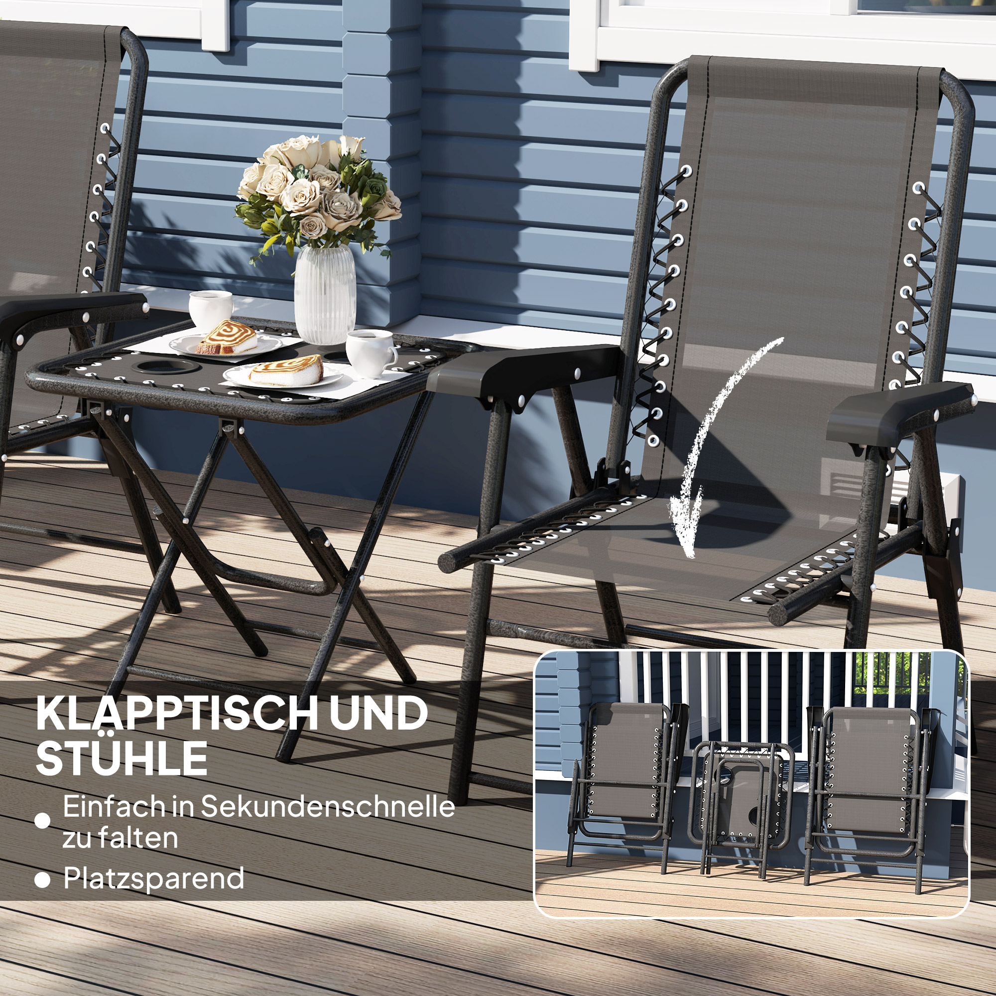 Bistro Set 3-teilig aus Stahl Wetterfest Gartenmöbel Set mit klappbar Bistrotisch Becherhalter Gartenstühlen Schwarz