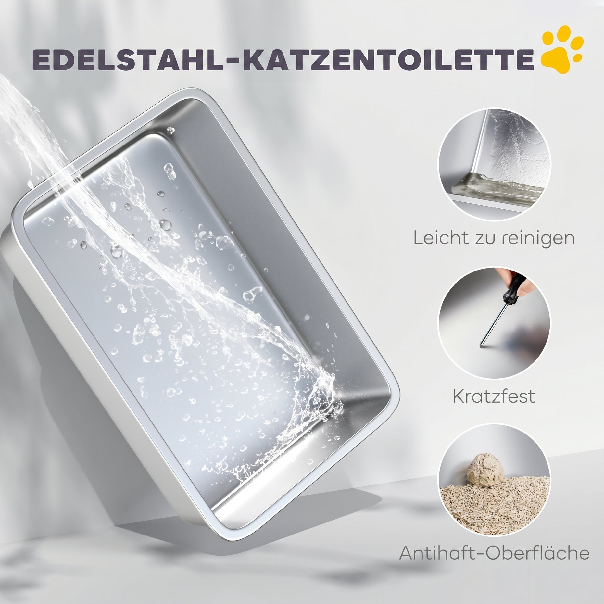 Katzentoilette, Edelstahl, XL-Innenraum, mit Schaufel, Hellgrau