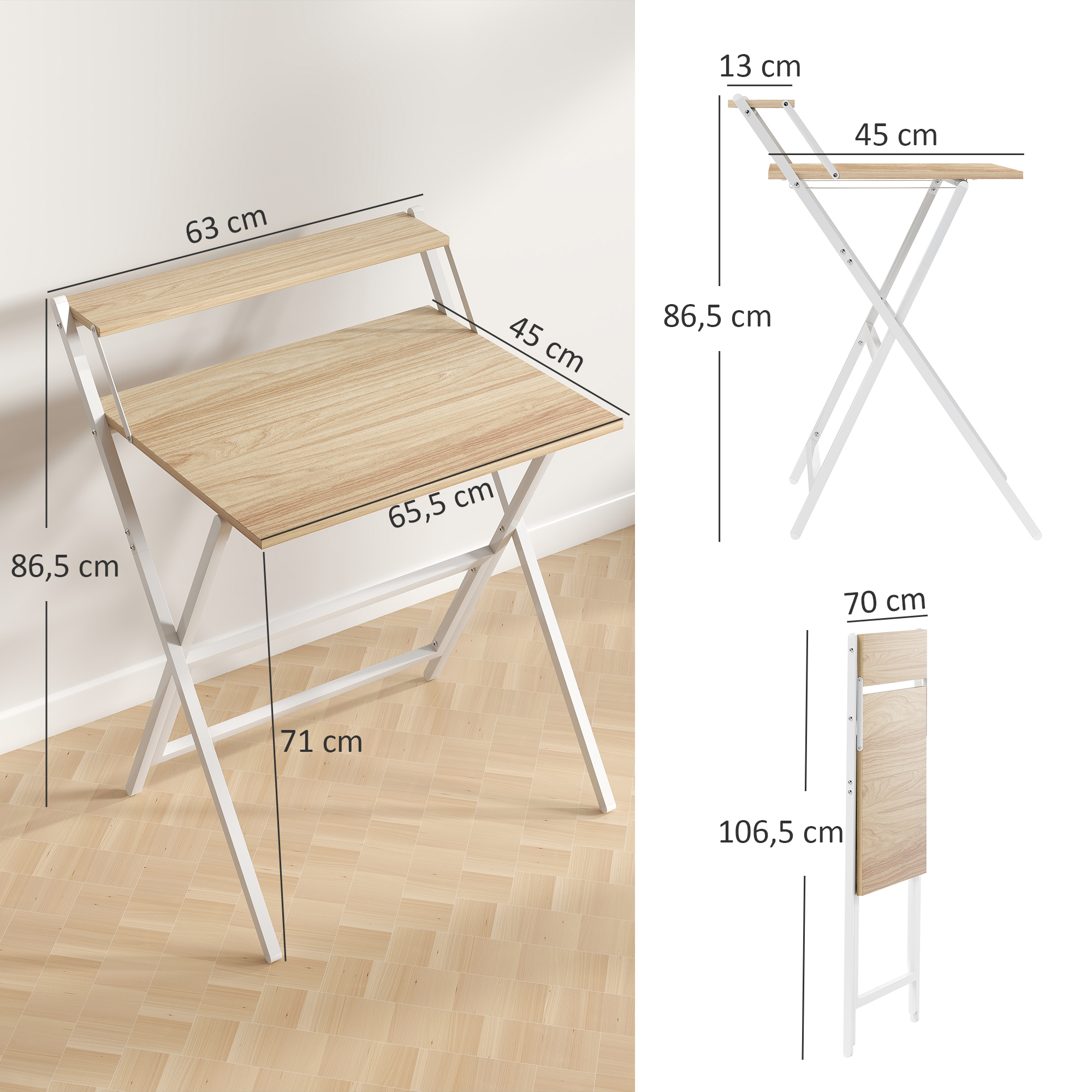 Schreibtisch mit Monitorständer, 70 cm Klappbarer Computertisch für Homeoffice, Kleine Räume, Natur