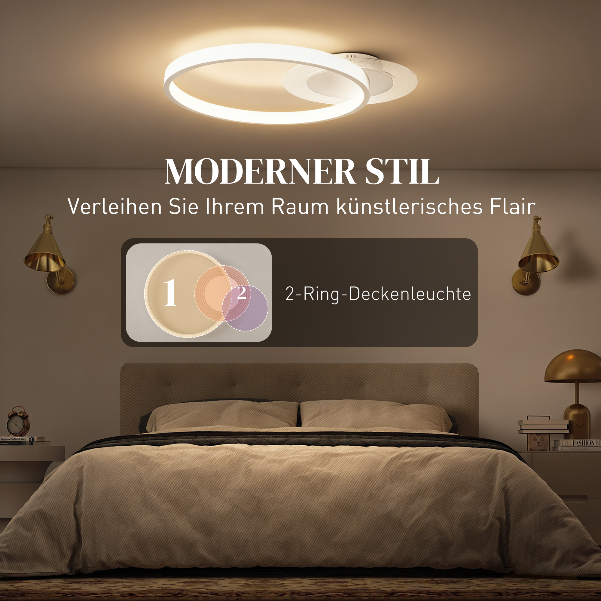 Deckenlampe, Deckenleuchte mit Zwei-Ring-Design, Rund 50 x 40 x 7,4 cm, Weiß