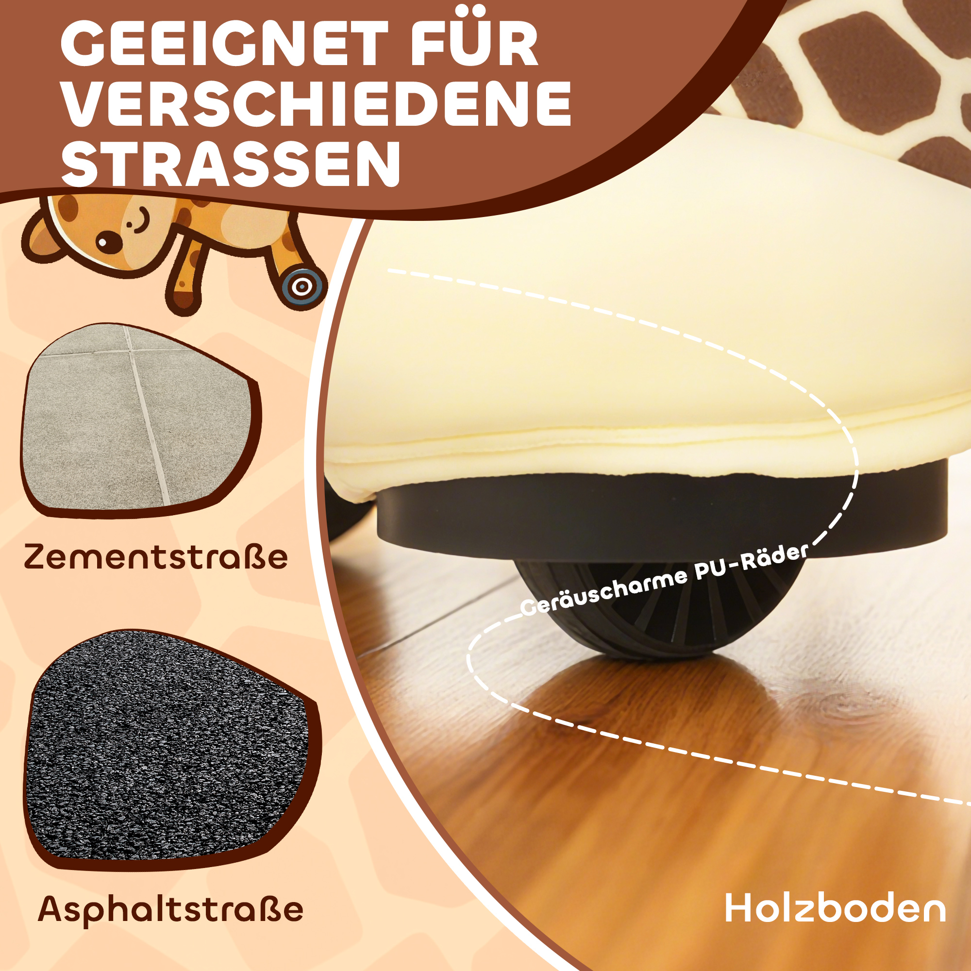 Giraffe zum Reiten, fahrendes Reitpferd in Giraffenform, Batteriebetrieb, waschbarer Bezug, Pedale, leise Räder, Musik, 1,5-5 Jahre, Braun