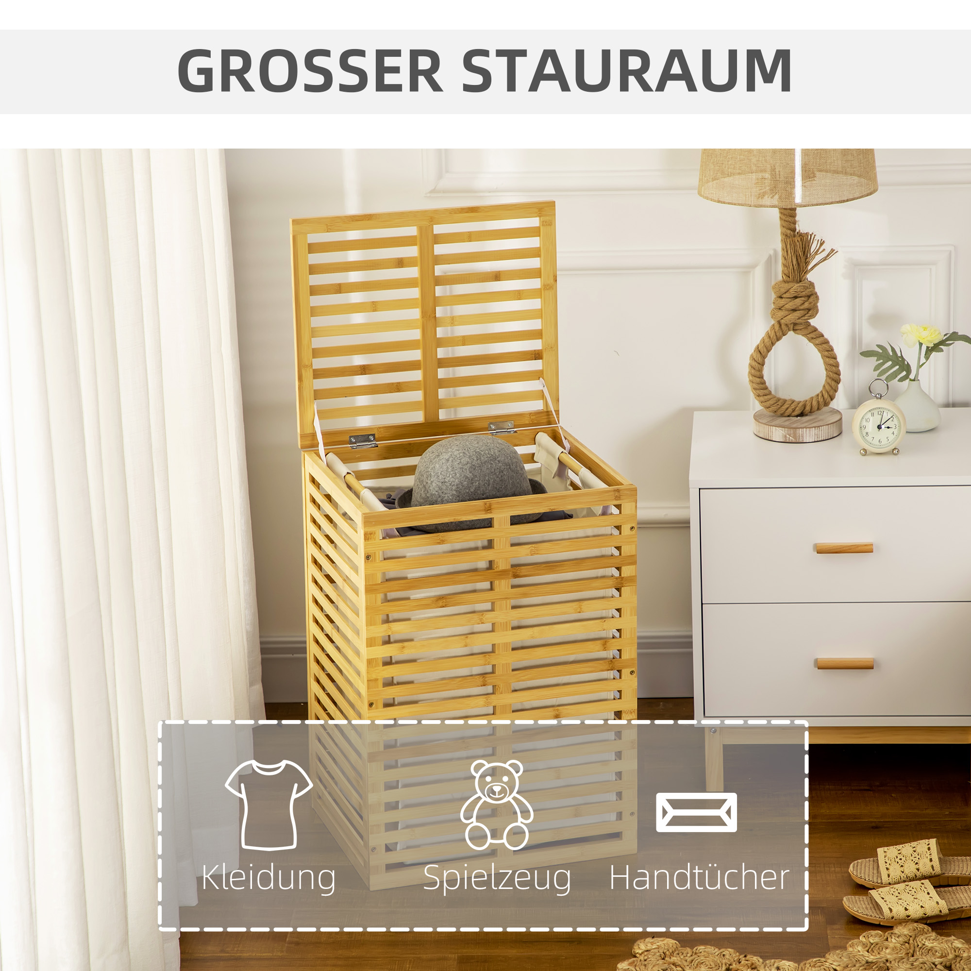 Bambus Wäschekorb mit 63 L Wäschesammler mit Deckel Wäschesack, Stange 44 x 37 x 62,5 cm Naturholz