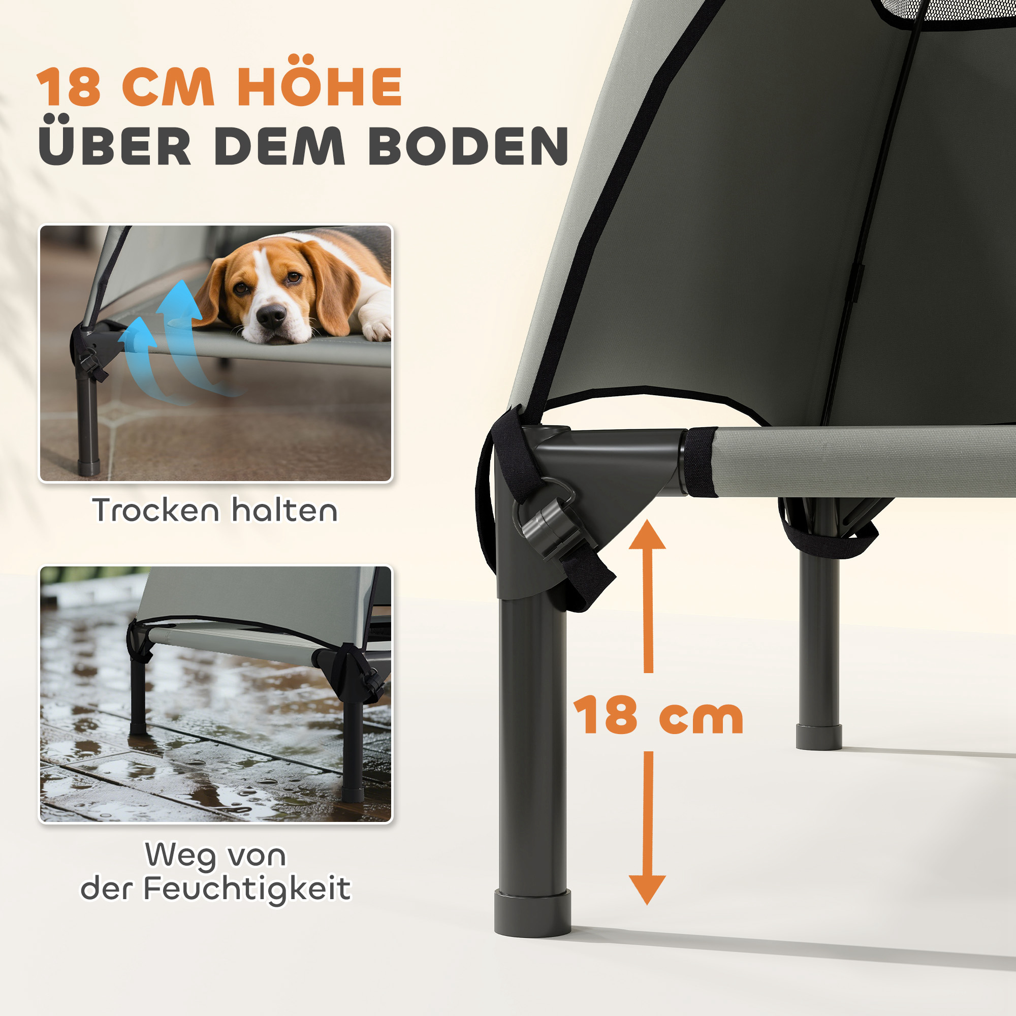 Hundeliege Outdoor mit Dach, erhöhtes Hundebett für Große Hunde, 91 x 76 x 90 cm, Hellgrau
