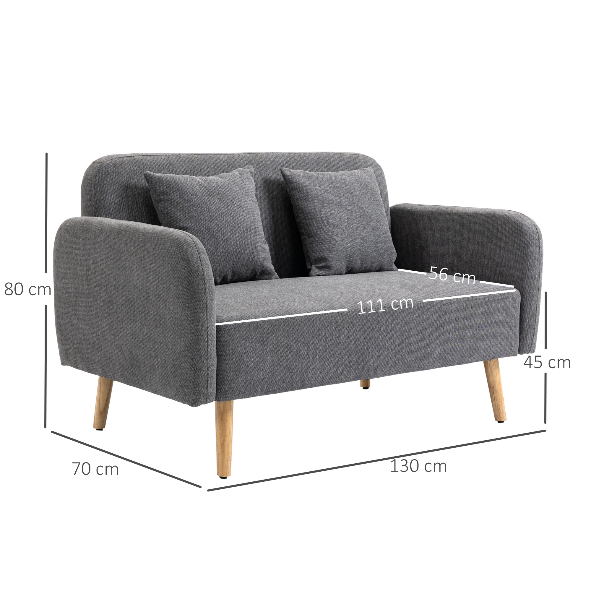 Sofa 2 Sitzer Couch mit 2 Wurfkissen, Kleine Loveseat mit Samtopik Modern Polstersofa für Wohnzimmer, Schlafzimmer, kleinen Raum, Grau 130 x 70 x 80 cm