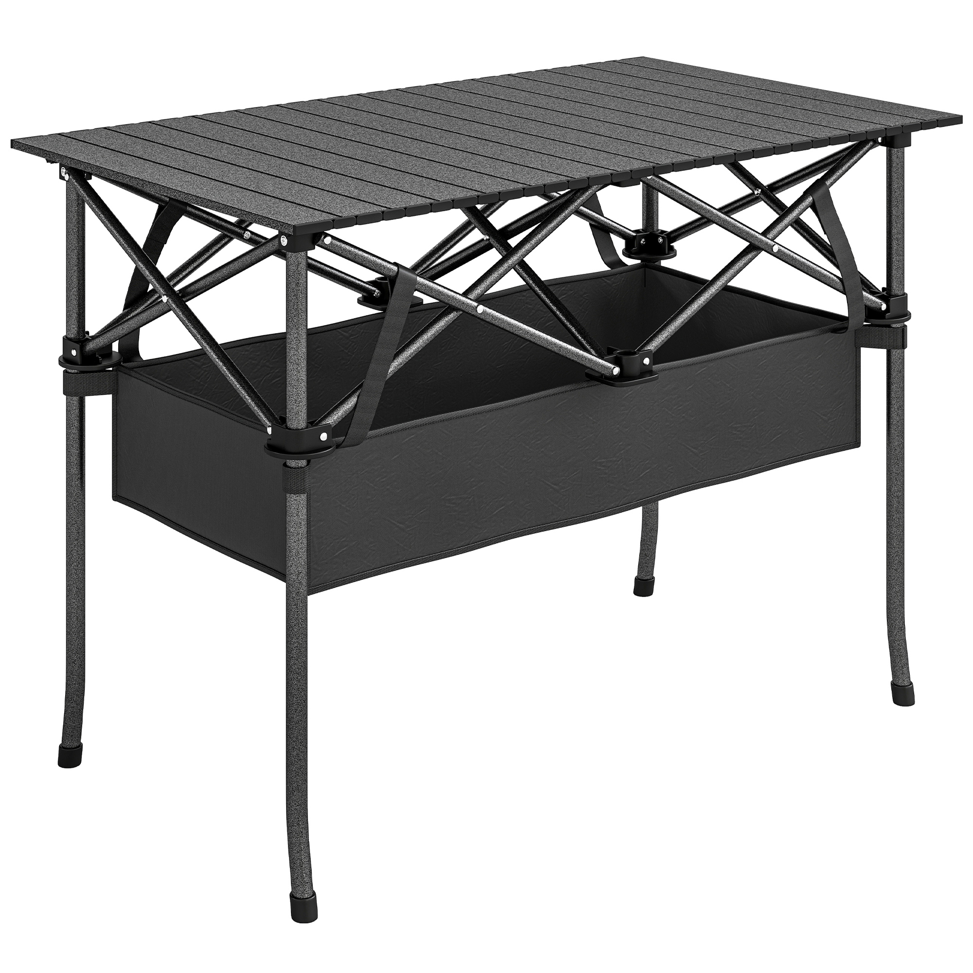 klappbarer rollbarer Picknicktisch Tragbarer Campingtisch mit Netzablage und Tragetasche für den Außenbereich, Schwarz