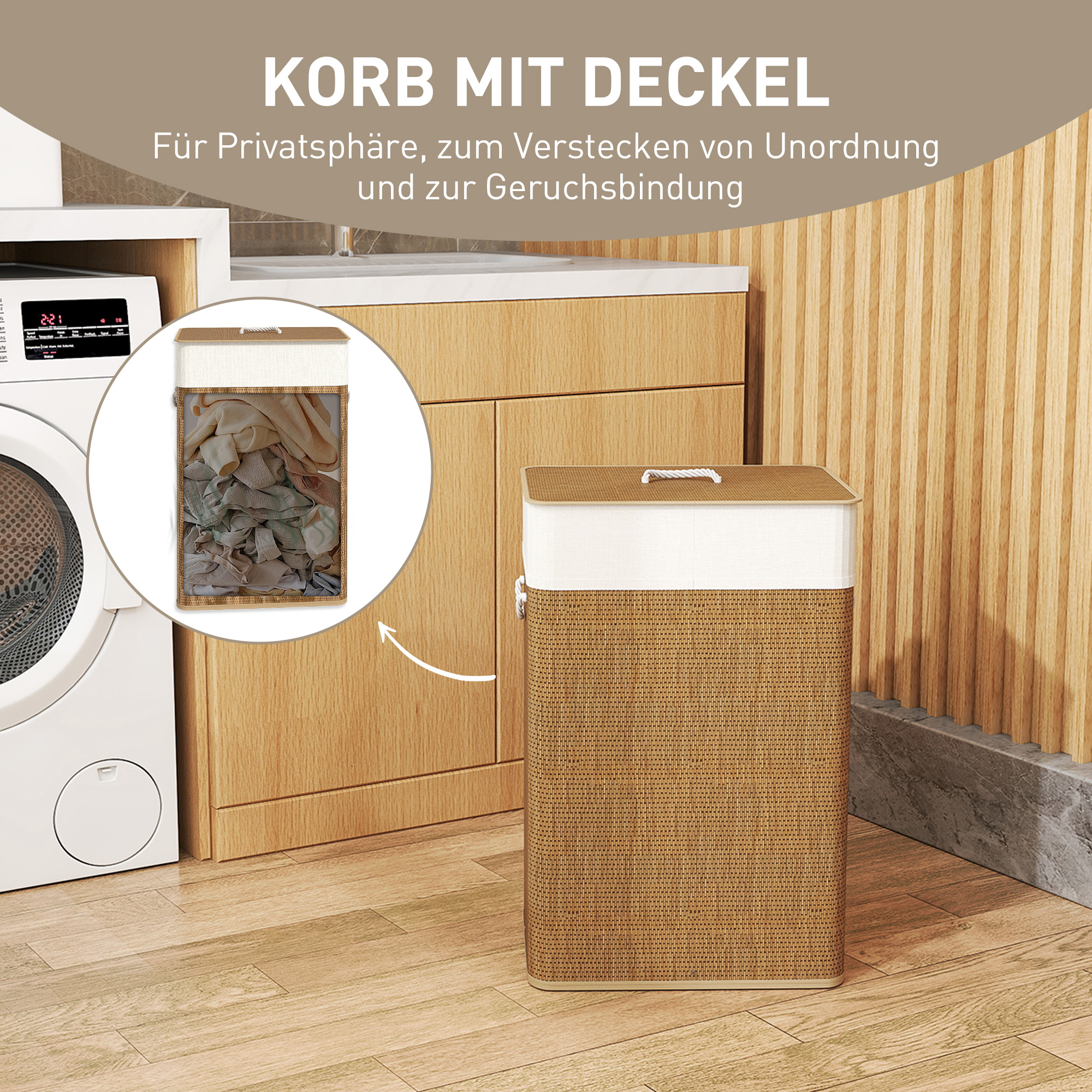 Bambus Wäschekorb mit Deckel 72 L Wäschesammler mit Bambusgriffen, herausnehmbarer Wäschesack Braun