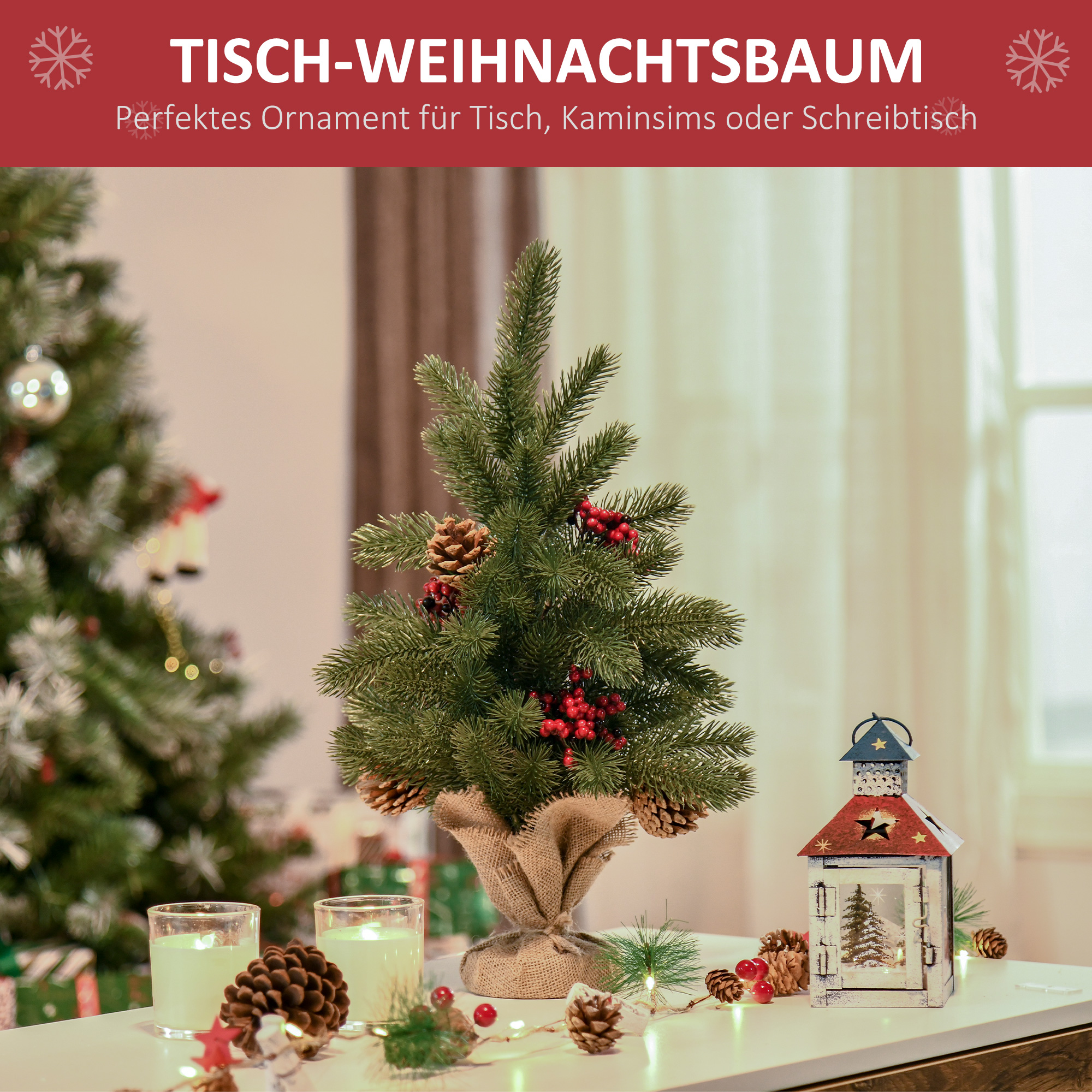 Mini-Weihnachtsbaum Weihnachtsdekoration, inkl. Schmuck, rote Beeren, 50 cm hoch, inkl. Zementsockel, Grün + Mehrfarbig