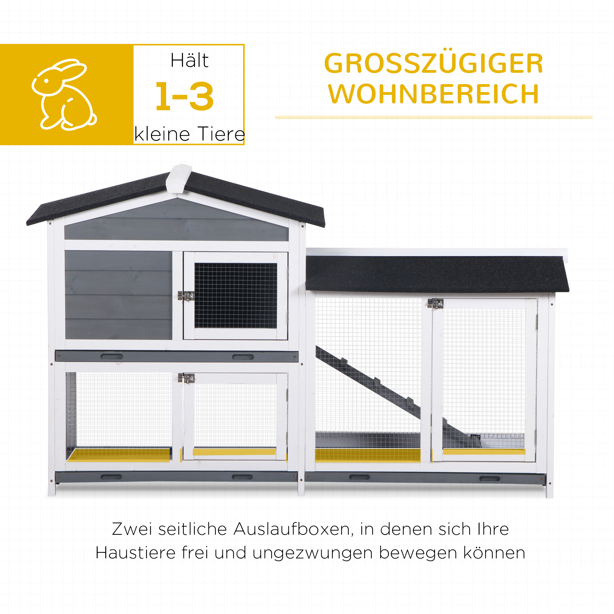 Hasenstall Kaninchenstall mit Freilaufgehege Rampe Kleintierstall aus Holz mit 2 Etagen Bodenwanne 157,4x53x93,5cm Grau
