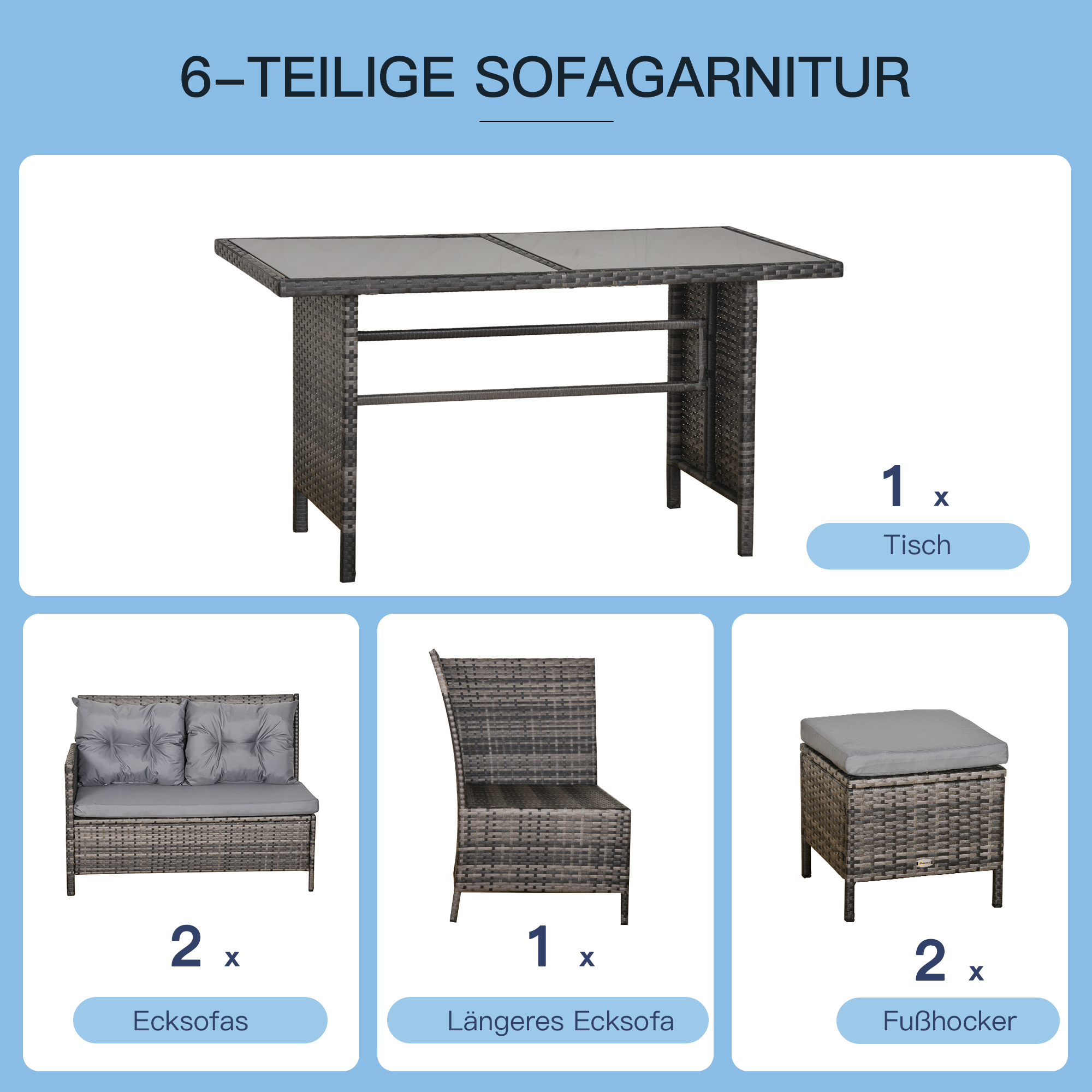 Gartenmöbel-Set aus PE-Rattan, für 5 Personen, Rattan-Lounge-Set, abnehmbare Polster, Grau + Braun