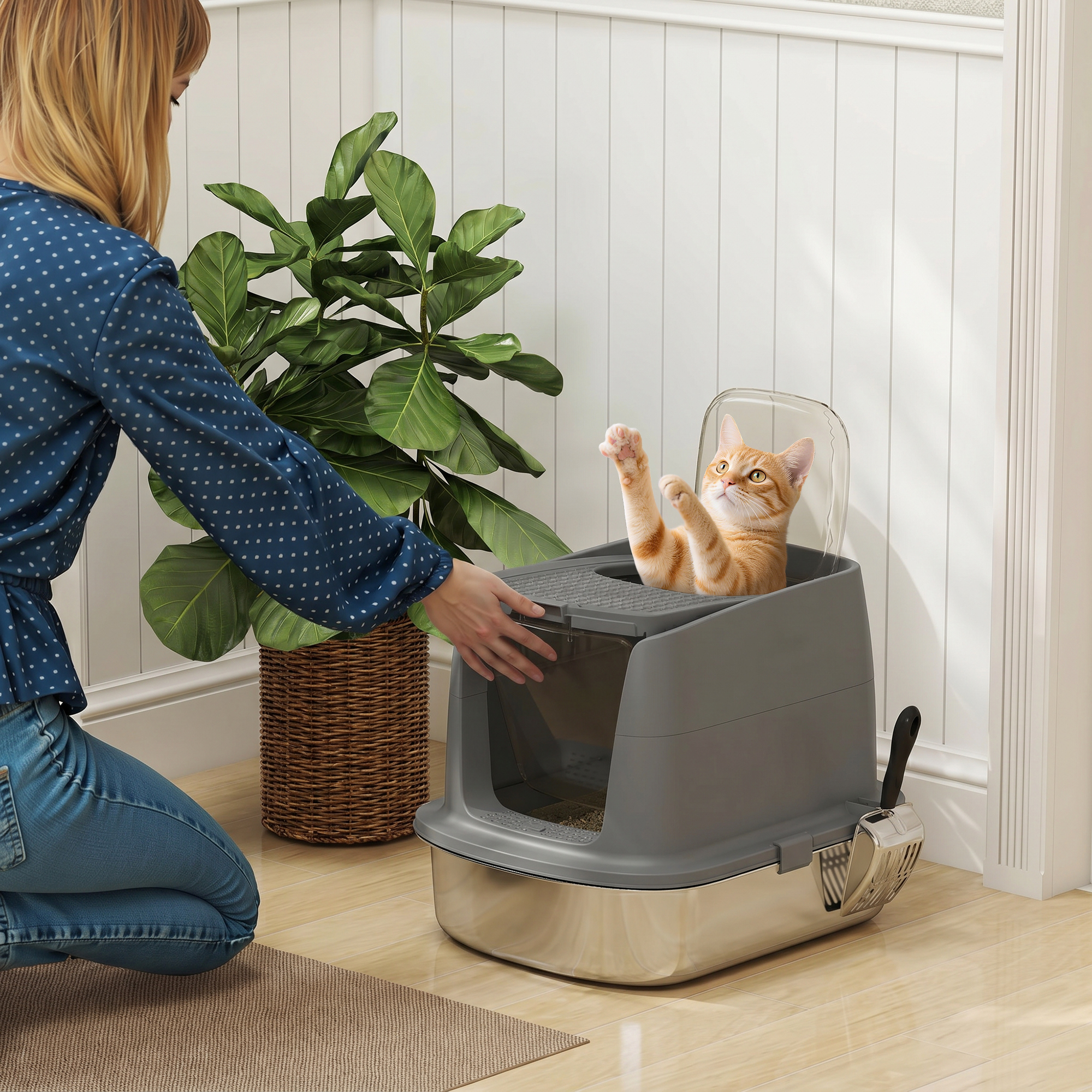 Katzentoilette aus Edelstahl, geschlossene Katzenstreuschale mit Metallschaufel und Deobeutel, dunkelgrau