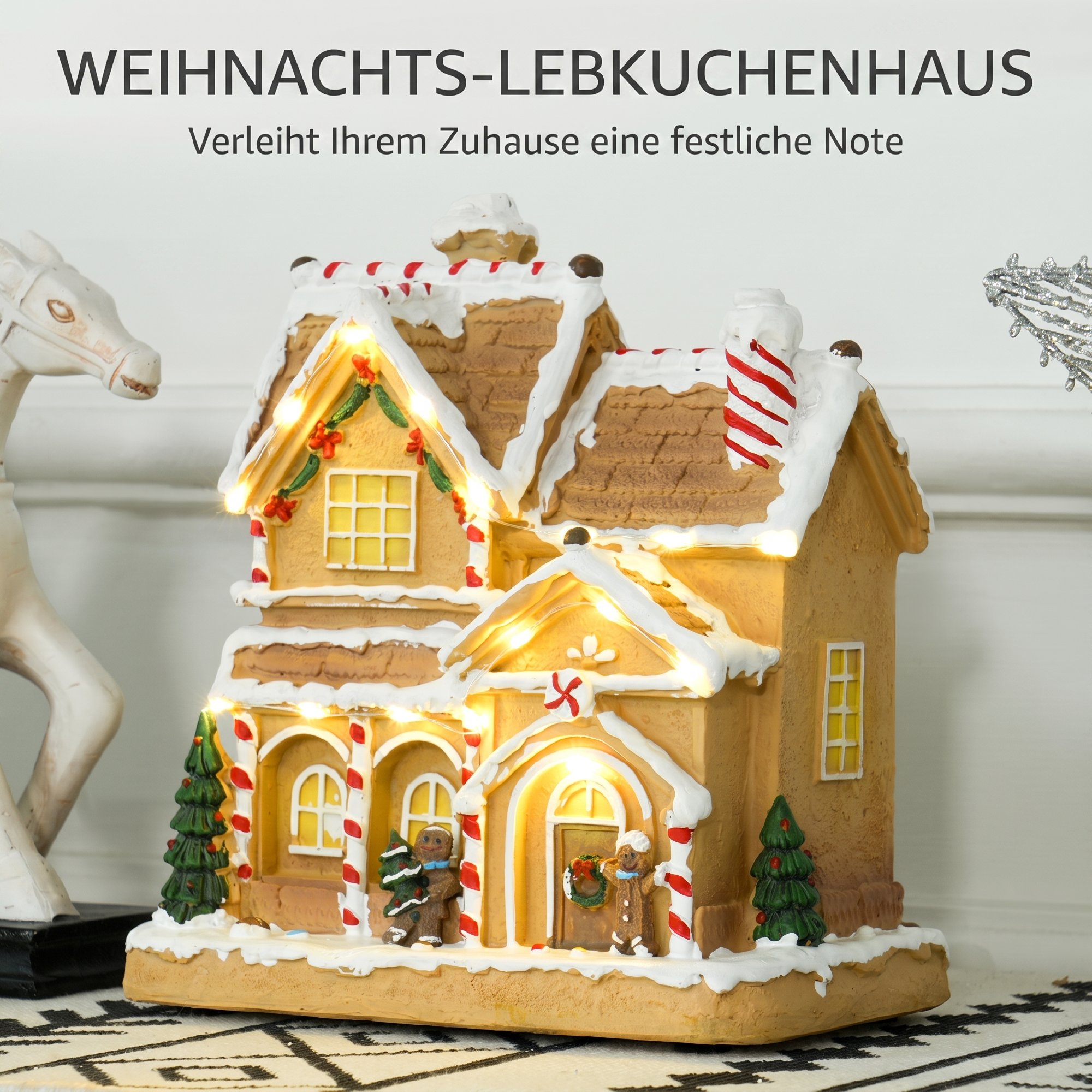 Lebkuchenhaus mit LED-Lichtern und Musik, Weihnachtshaus Winterlandschaft mit Lebkuchenmann, für Weihnachten, Braun