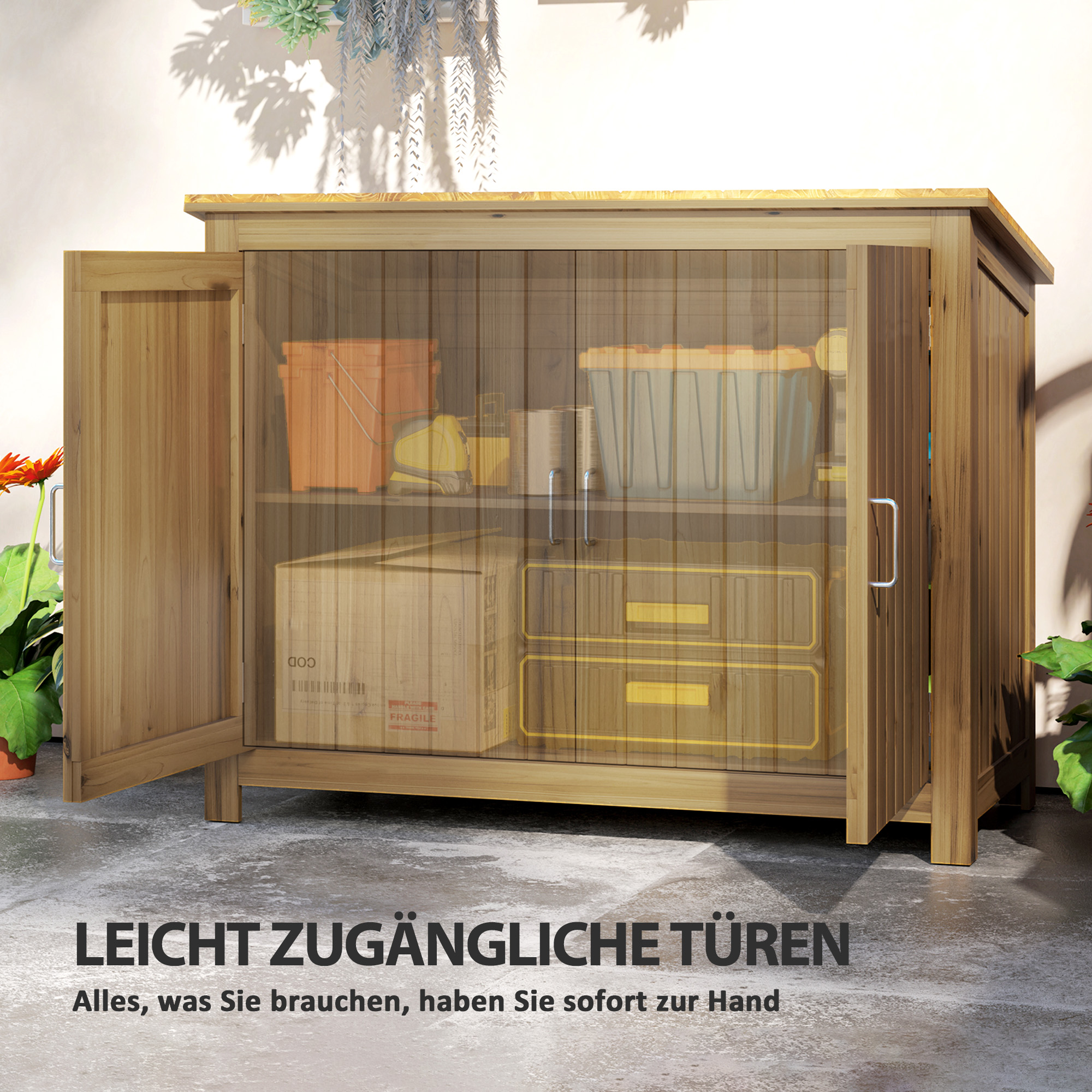 Gartenschrank, Holzkommode mit 2 Regalen für Garten, Terrasse, Wetterfest, 110 x 50 x 85 cm, Braun