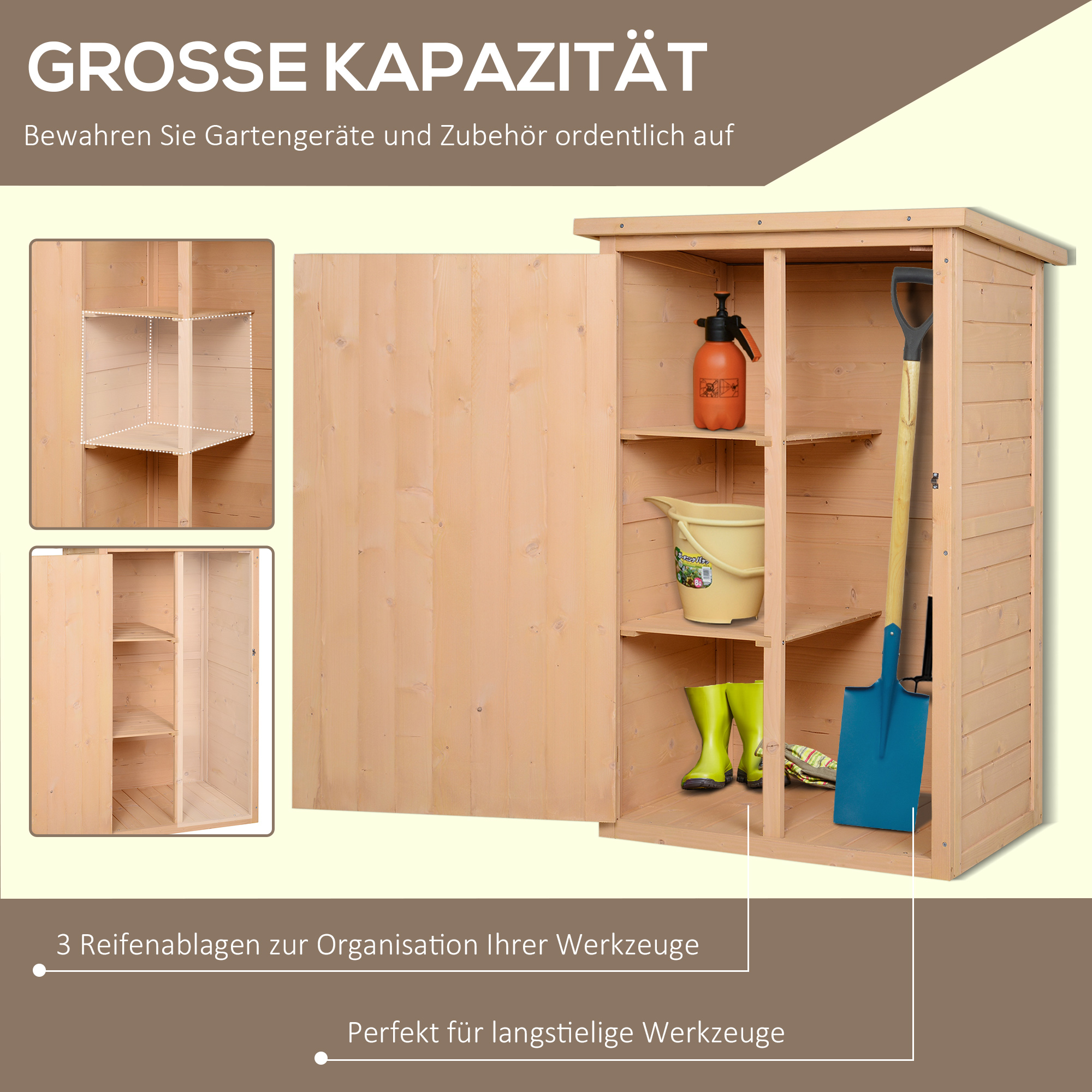 Geräteschuppen mit Regalböden wetterbeständig 75 x 56 x 115cm Naturholz