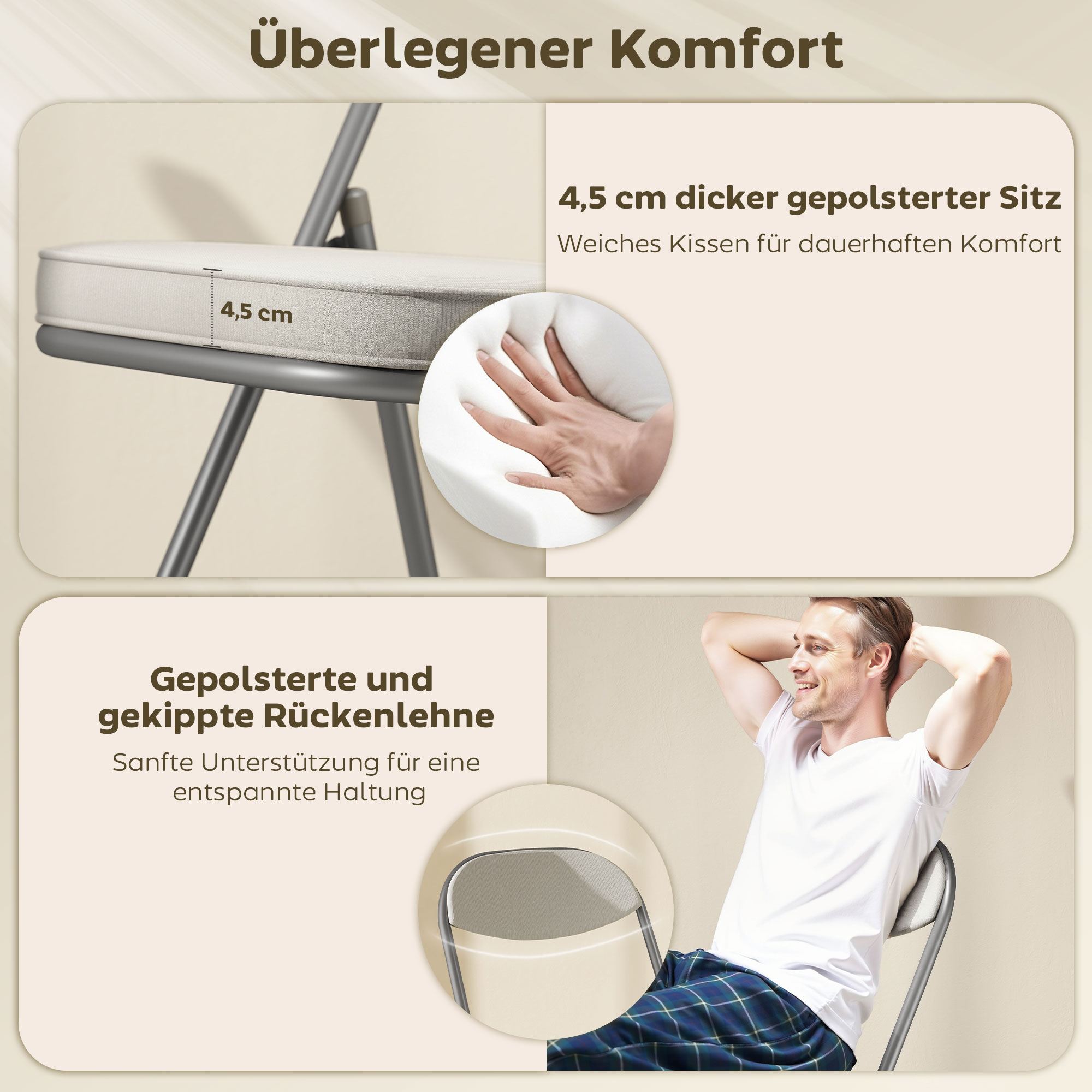 4er-Set gepolsterte Klappstühle, Faltbare Stühle mit Cordbezug, Rückenlehne, Metallrahmen, Cremeweiß