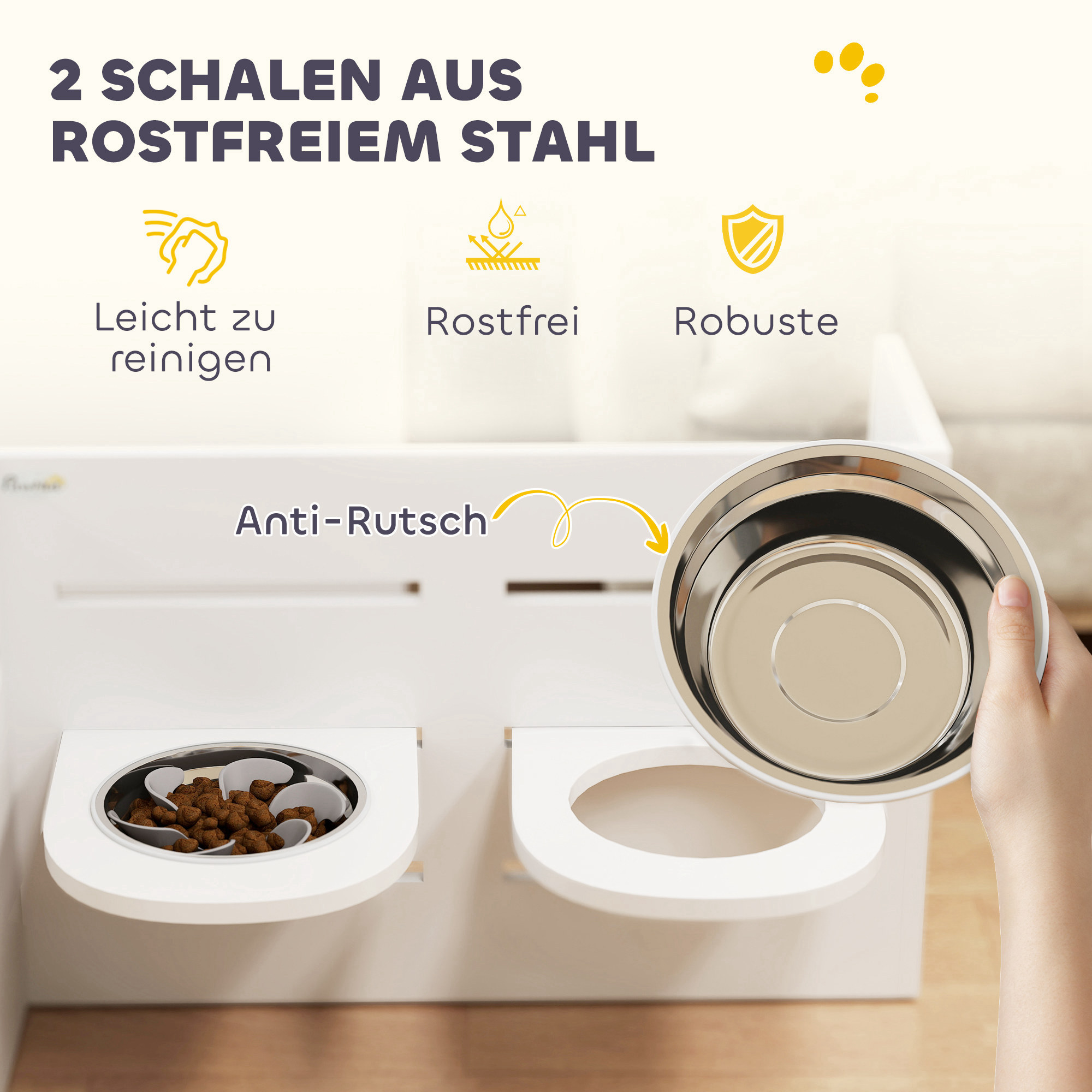 Hundefutternapf-Gestell, verstellbare Futternäpfe mit separatem Design, 2 Edelstahlschüsseln, Anti-Schling-Matte, Weiß