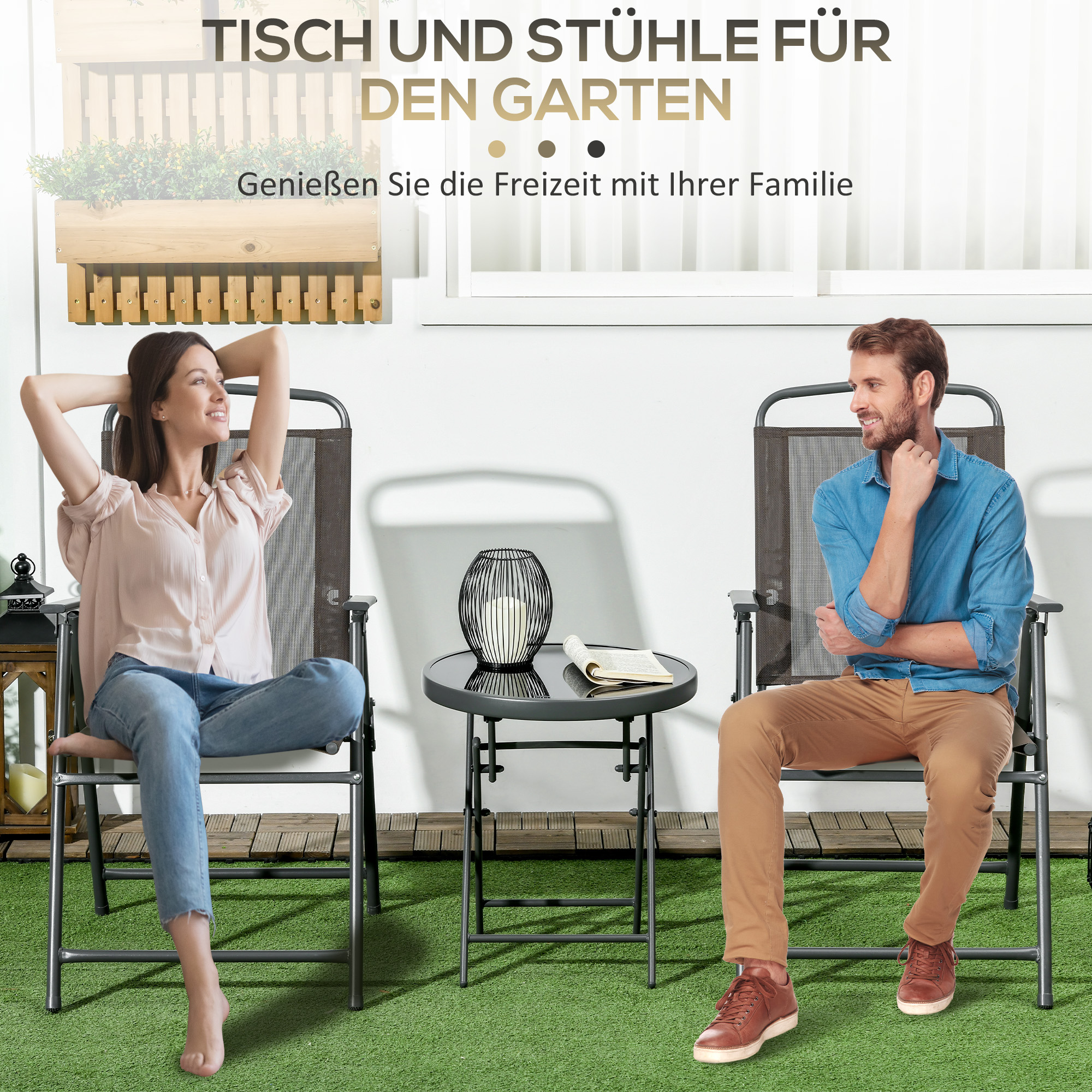 Bistro-Set 3-teilig aus Metall Wetterfest Gartenmöbel Set mit klappbar Glastisch Gartenstühlen Braun