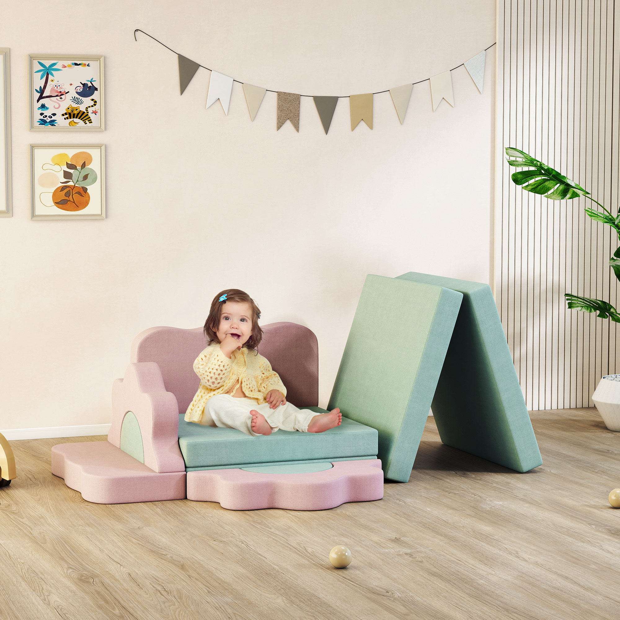 12-teiliges Set Schaumstoffblöcke zum Klettern, Bauen, Krabbeln, Indoor-Spielmatten mit Cordbezug, Grün+Rosa