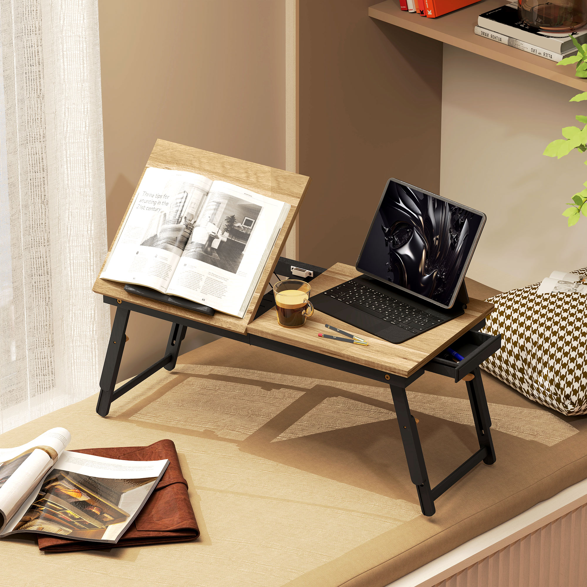 Betttisch, Laptoptisch Höhenverstellbar mit Schublade, Klappbar für Sofa Arbeiten Bett, Eiche