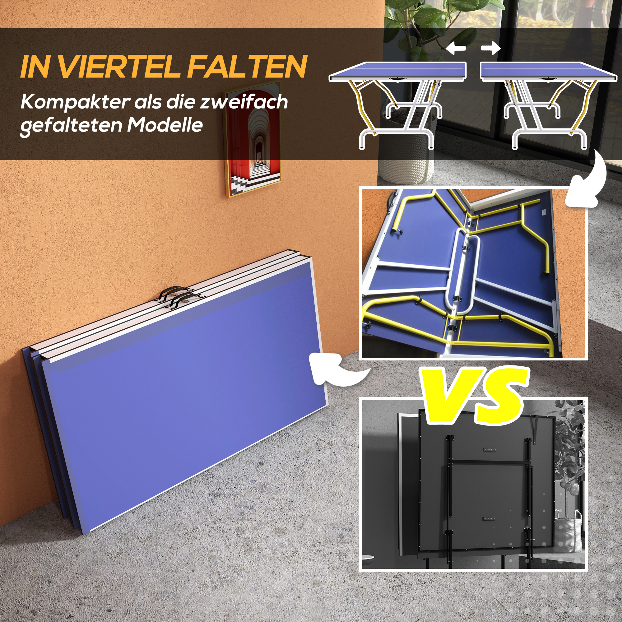 Tischtennisplatte, klappbar, inkl. 2 Schläger, 3 Bälle, Netz, Indoor, Metallgestell, 274x152x76cm, Blau