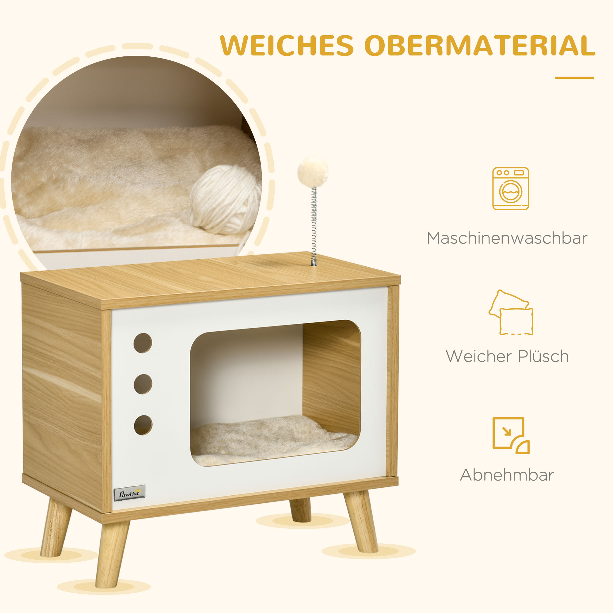 Katzenhöhle imTV-Design inkl. Spielzeug, waschbares Kissen, 50 cm x 28 cm x 43 cm, Eiche + Beige + Weiß