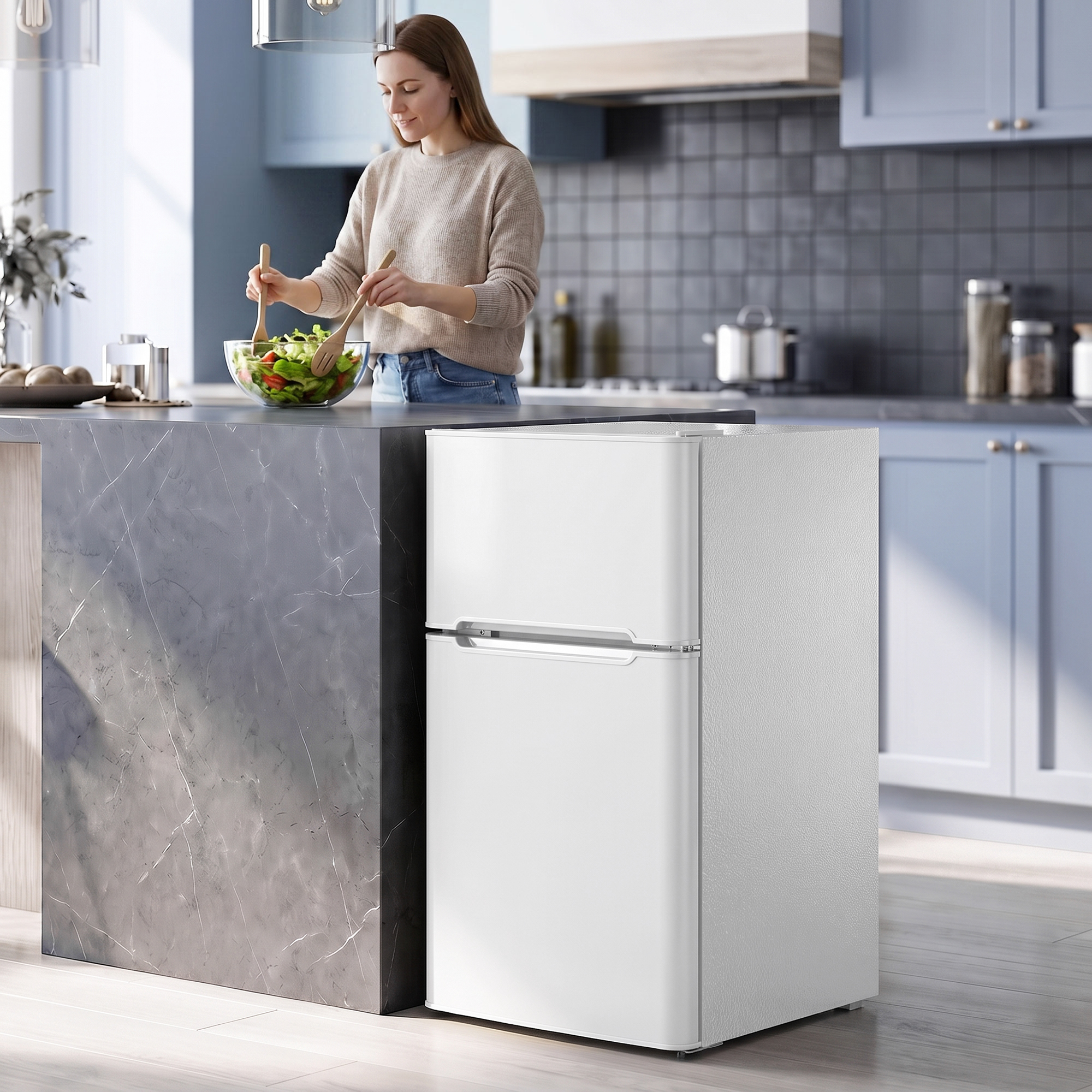 Mini Kühlschrank mit Gefrierfach 2-Türiger mit Einstellbarem Thermostat Kleiner Getränkekühlschrank 90L Weiß