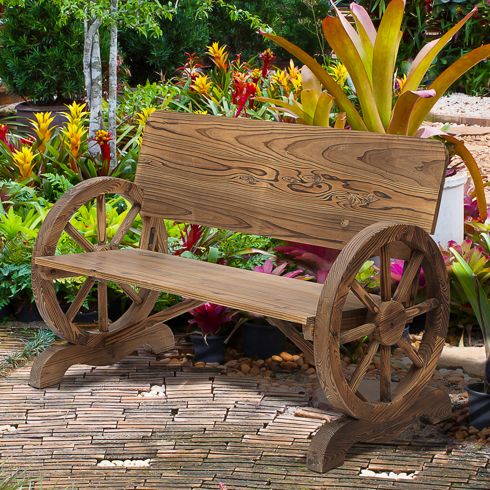 2-Sitzer Gartenbank Massivholz mit Armlehne, Sitzbank mit Wagenräder-Design, Gartenmöbel 250kg belastbar, Rustikale Bank, 114 x 58 x 80 cm, Braun