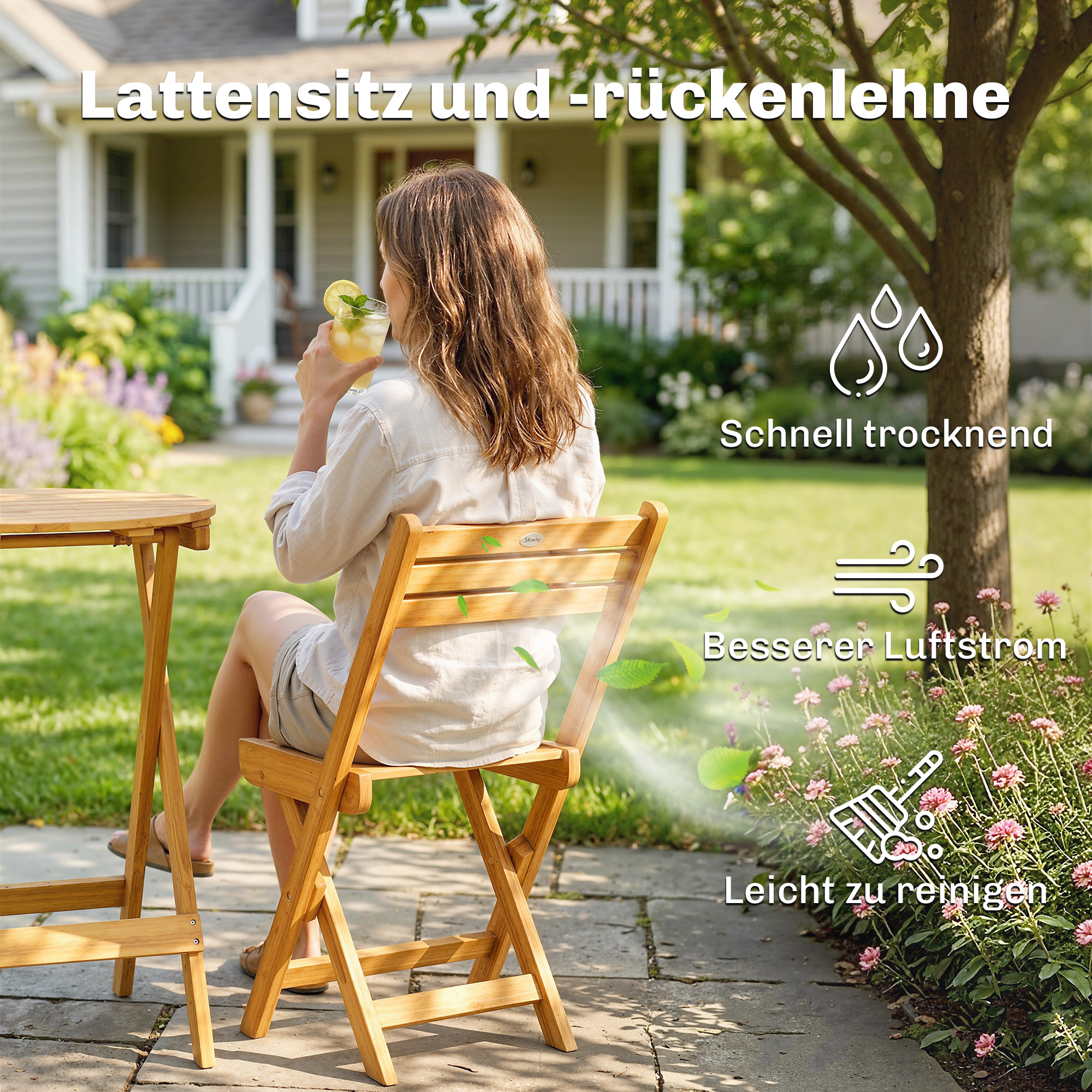 Balkonmöbel Set 3 teilig FSC Holz klappbar Gartenmöbel Set mit runder Tisch 2 Stühle Sitzkissen Atmungsaktiv Lamellsitz