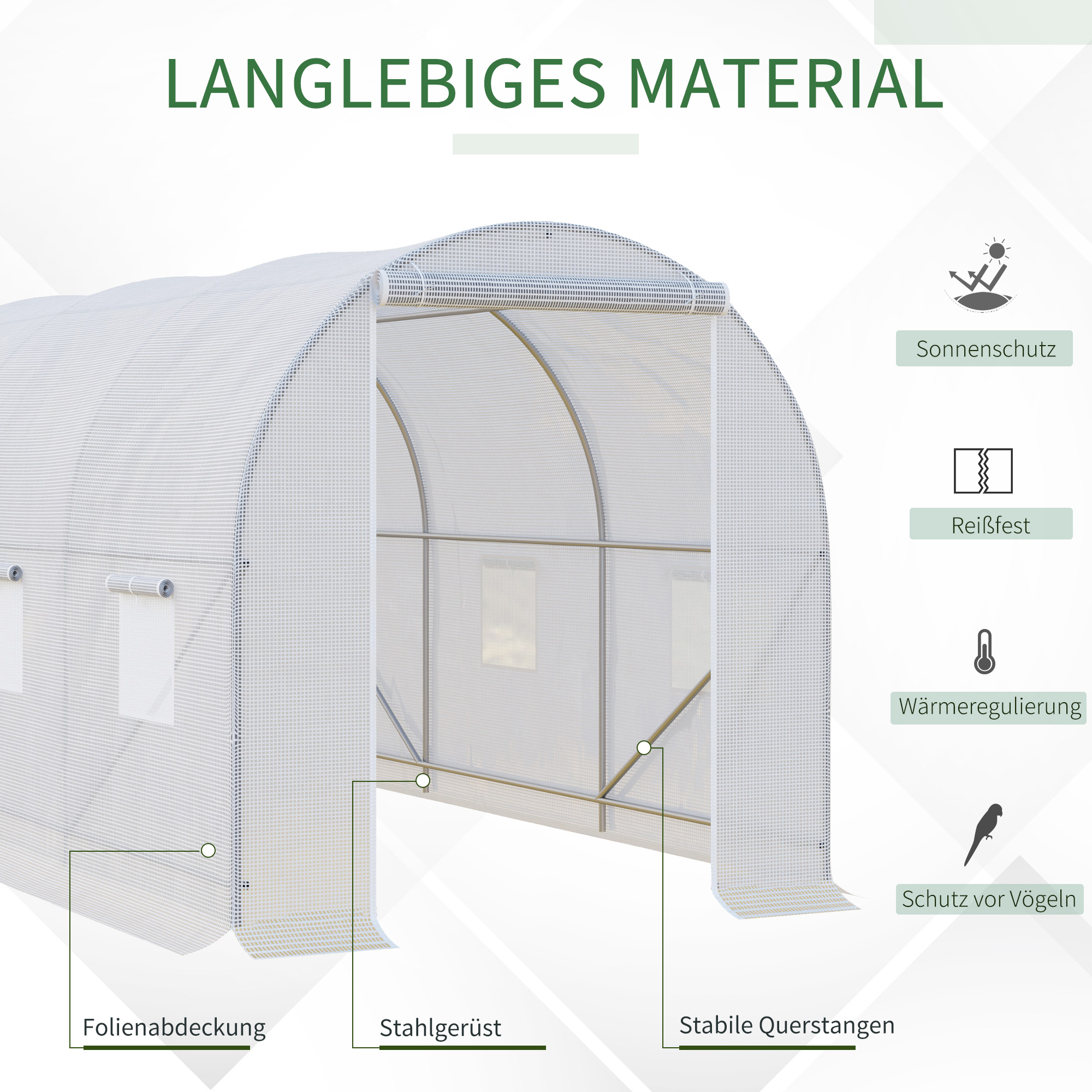 Gewächshaus 350x200x200cm Foliengewächshaus Tomatenhaus mit Tür, Fenster, Folientunnel aus verzinktem Stahl, Pflanztunnel, Treibhaus inkl. Erdanker Seilen, Gartentunnel, Weiß