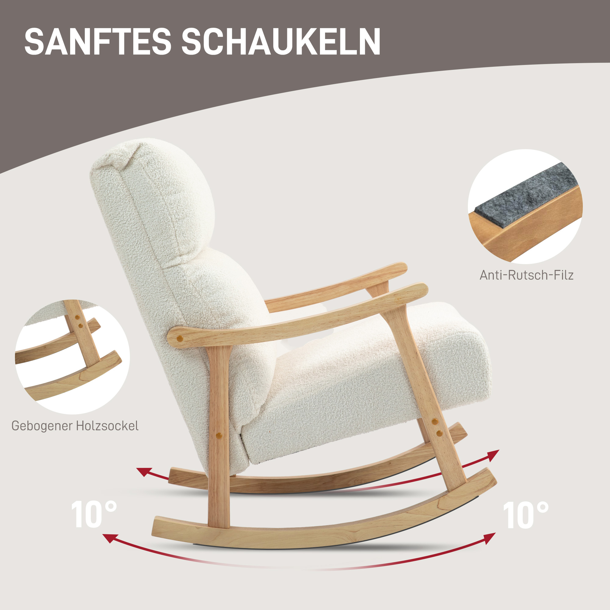 Schaukelstuhl, Stoffbezug in Samtoptik, Ergonomische Rückenlehne, 120 kg Belastbarkeit, 65B x 90T x 98H cm, Cremeweiß