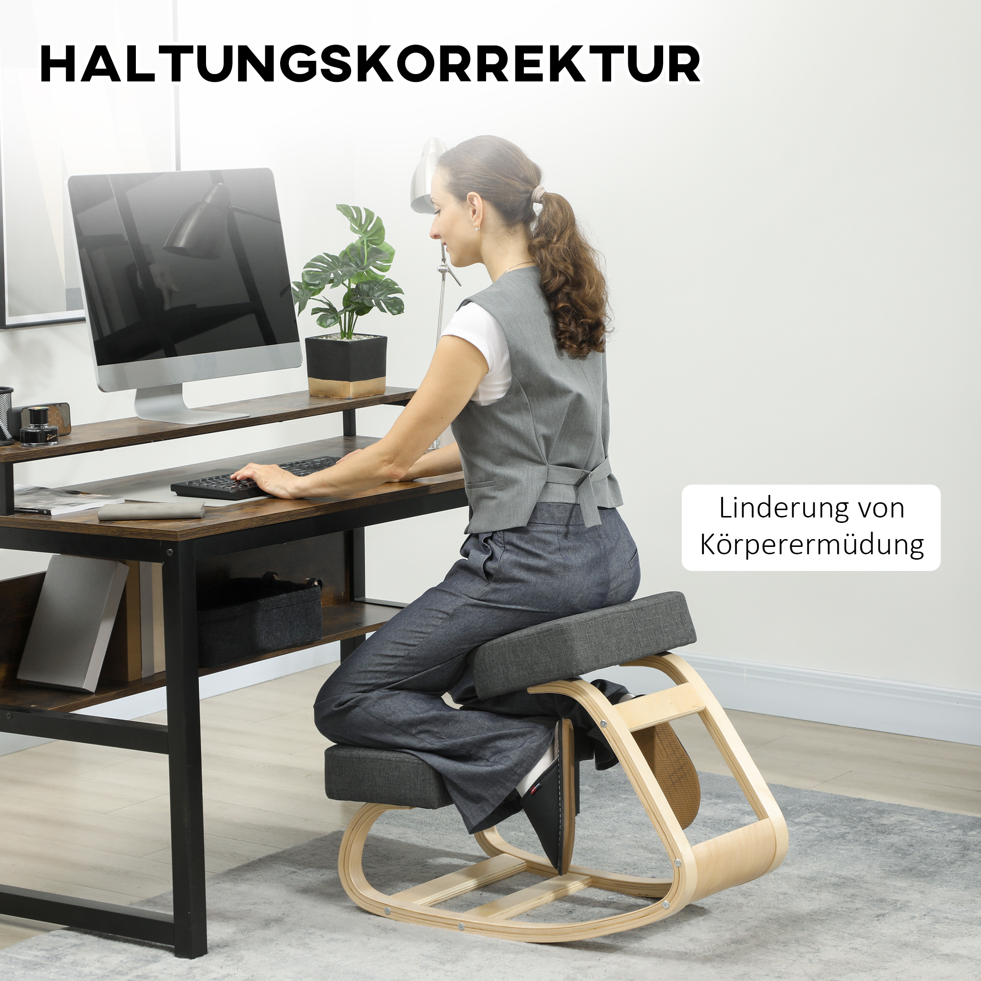 Kniestuhl, ergonomischer Sitzhocker, Polsterhocker für gesunde Sitzhaltung, Birkenholz, 120 kg belastbar, Dunkelgrau