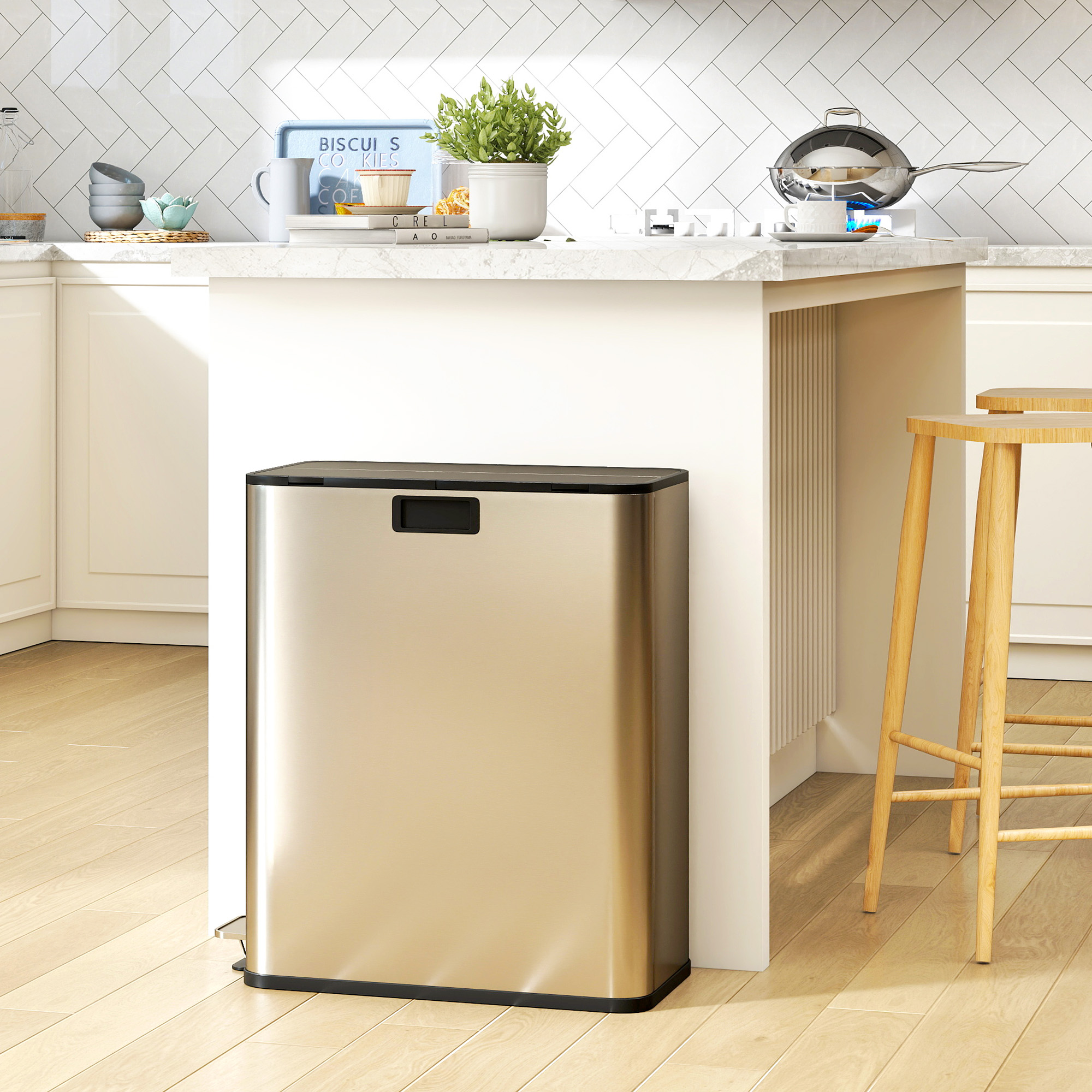 Küchenmülleimer 2 x 28L Edelstahl-Tretmülleimer mit Soft-Close-Deckel, herausnehmbaren Inneneimern